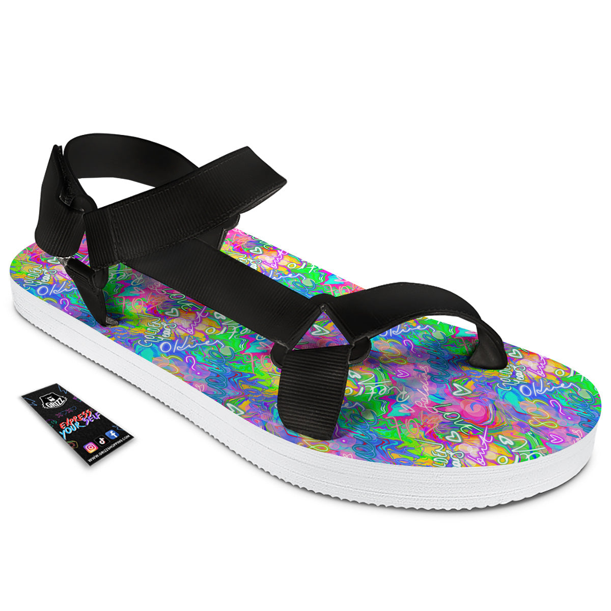 Abstract Graffiti Hand Drawing Neon Retro Print Pattern Black Open Toe Sandals-grizzshop