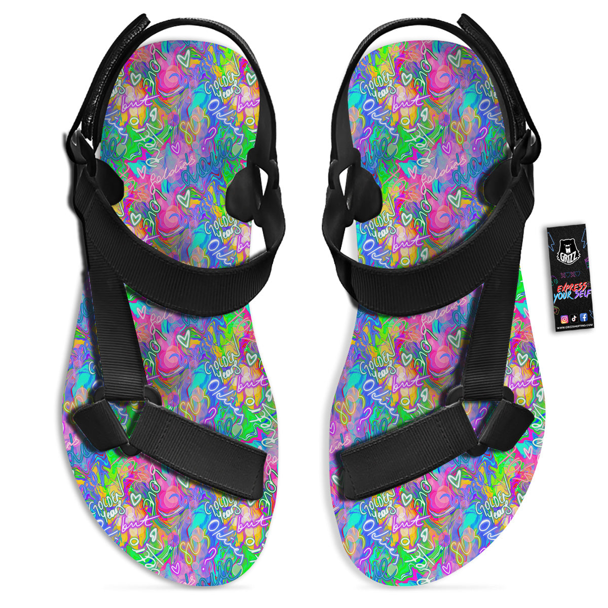 Abstract Graffiti Hand Drawing Neon Retro Print Pattern Black Open Toe Sandals-grizzshop