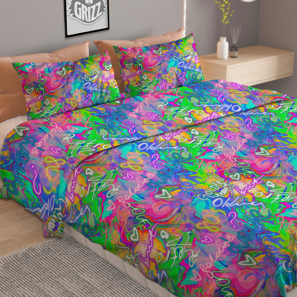 Abstract Graffiti Hand Drawing Neon Retro Print Pattern Duvet Cover Bedding Set