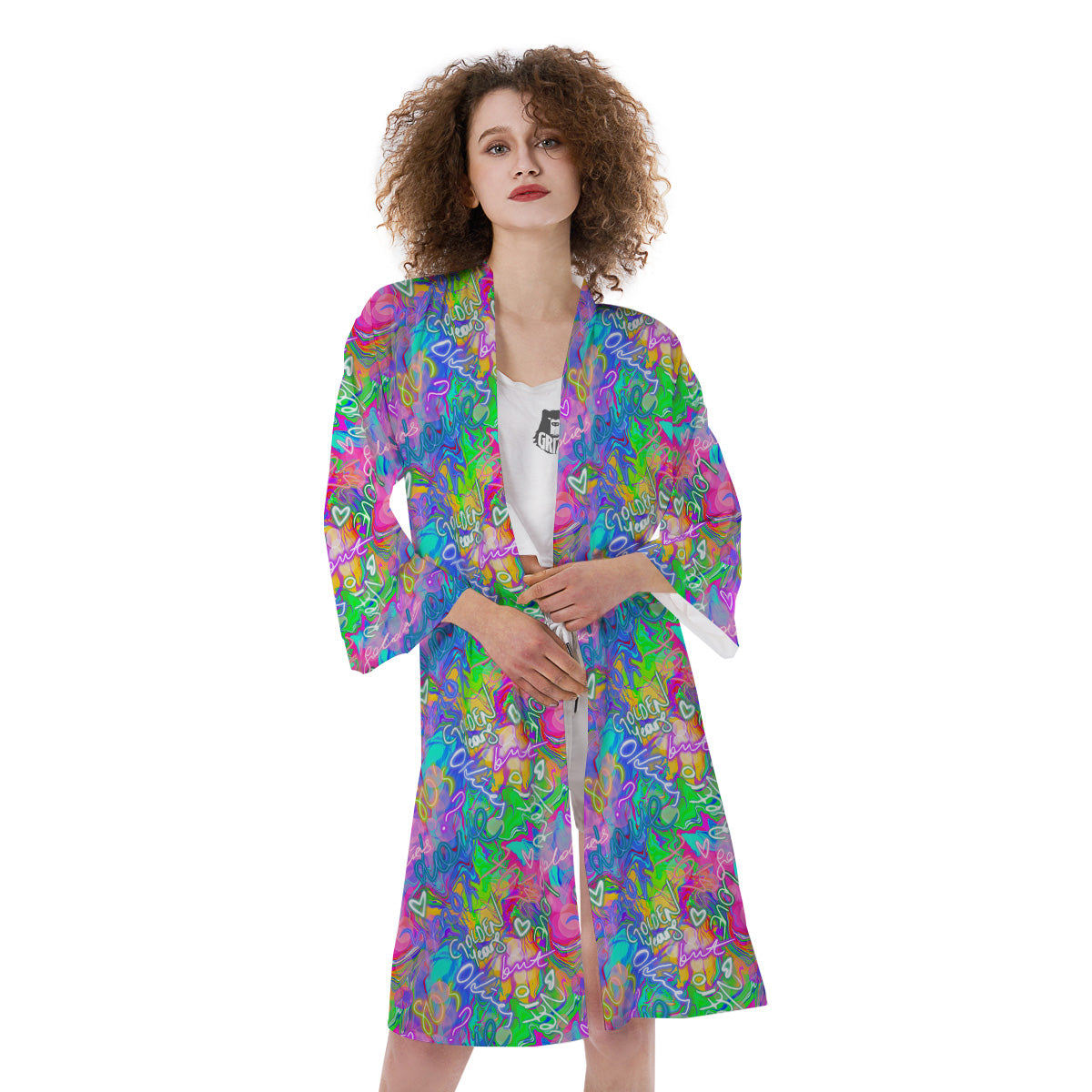 Abstract Graffiti Hand Drawing Neon Retro Print Pattern Kimono-grizzshop