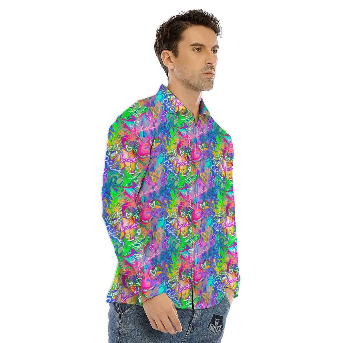 Abstract Graffiti Hand Drawing Neon Retro Print Pattern Men's Dress Shirts-grizzshop