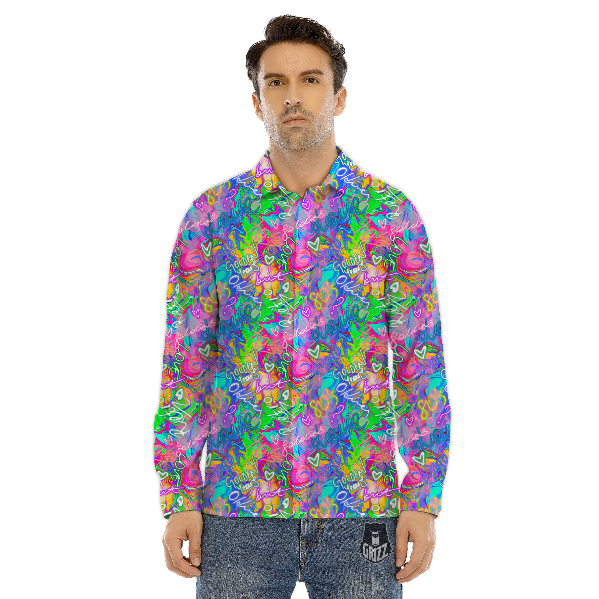 Abstract Graffiti Hand Drawing Neon Retro Print Pattern Men's Dress Shirts-grizzshop