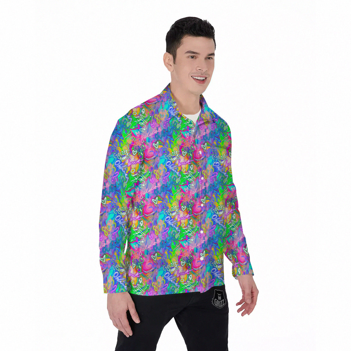 Abstract Graffiti Hand Drawing Neon Retro Print Pattern Men's Long Sleeve Shirts-grizzshop