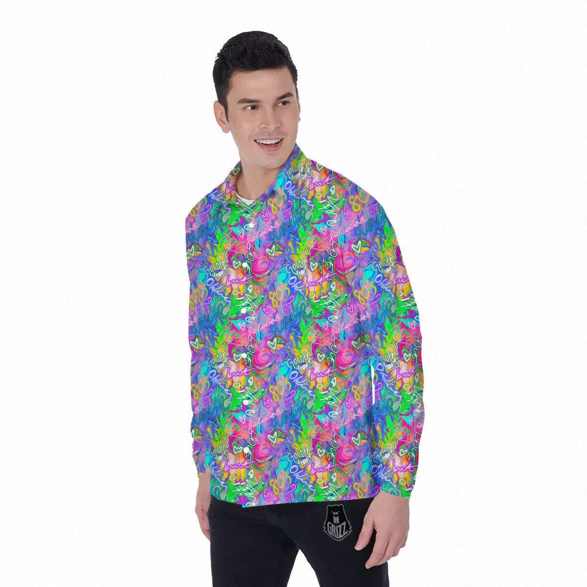 Abstract Graffiti Hand Drawing Neon Retro Print Pattern Men's Long Sleeve Shirts-grizzshop