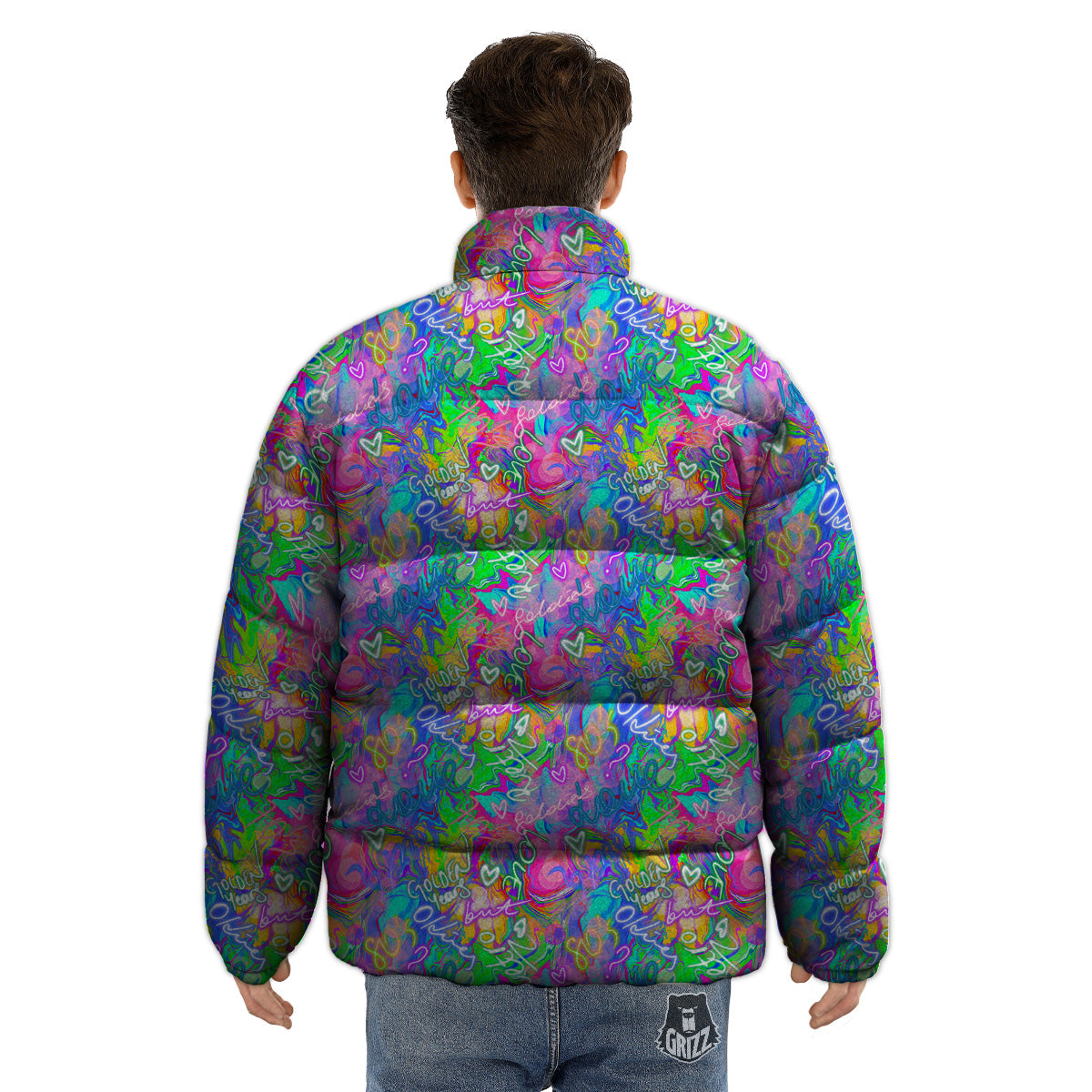 Abstract Graffiti Hand Drawing Neon Retro Print Pattern Puffer Jacket-grizzshop