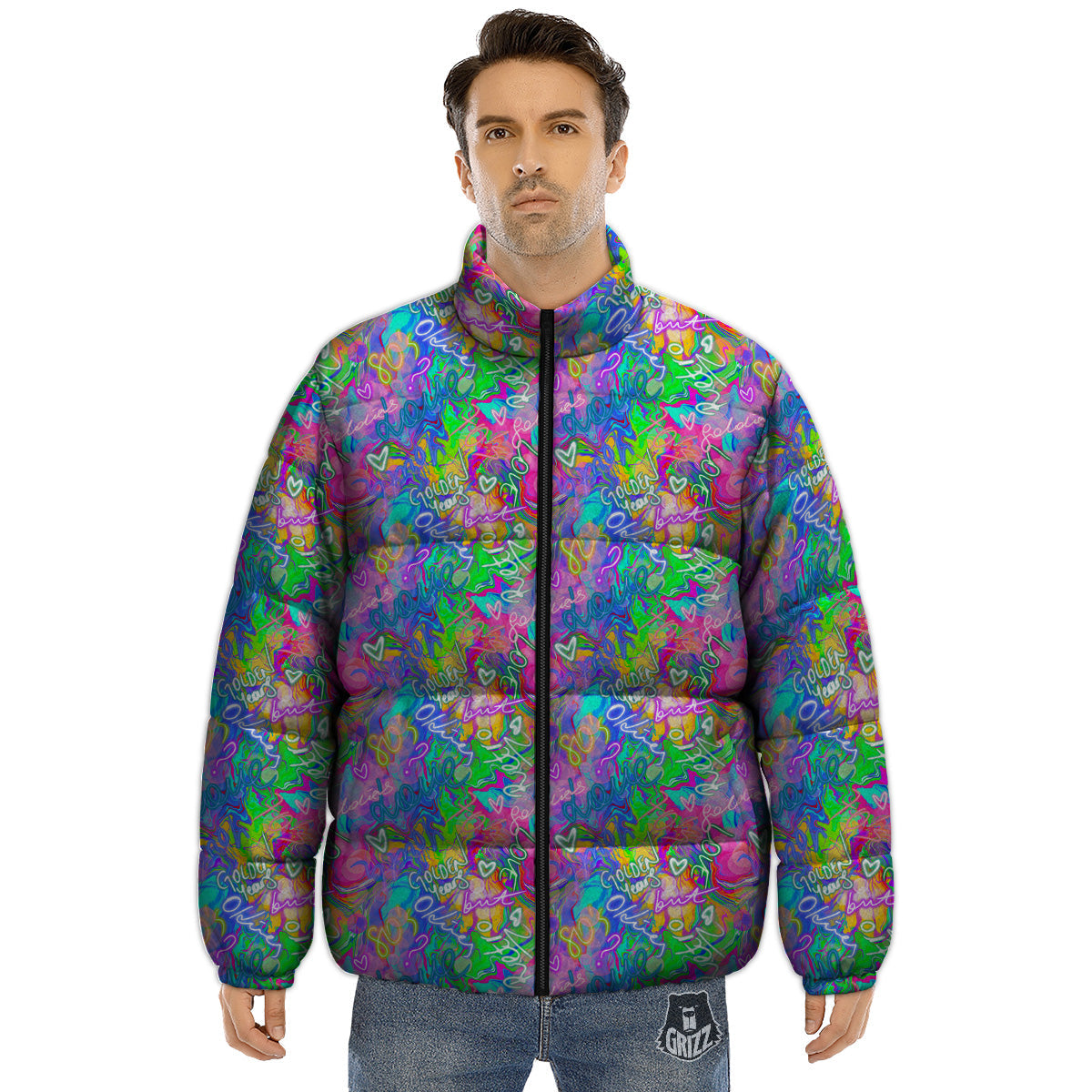 Abstract Graffiti Hand Drawing Neon Retro Print Pattern Puffer Jacket-grizzshop