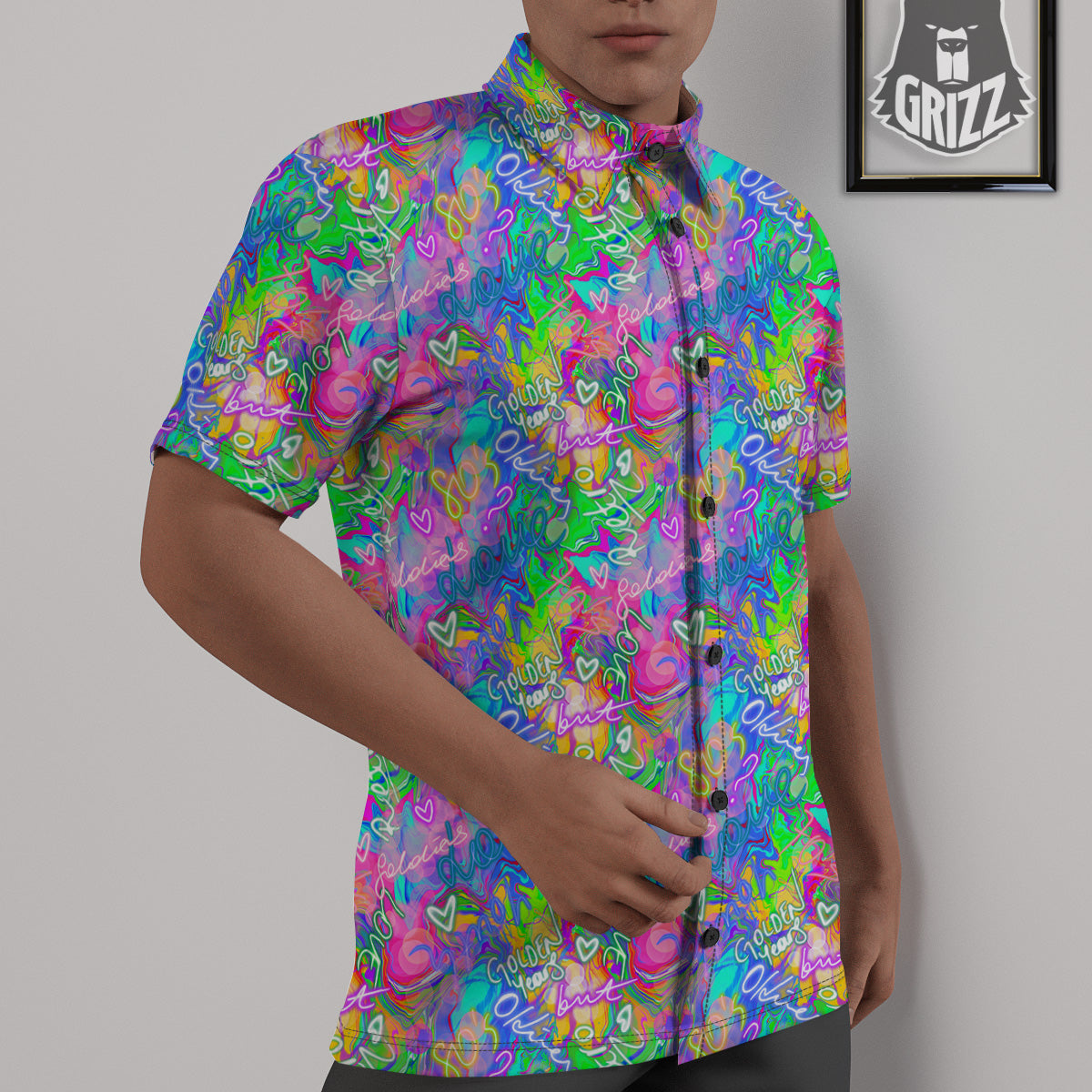 Abstract Graffiti Hand Drawing Neon Retro Print Pattern Untucked Shirts-grizzshop