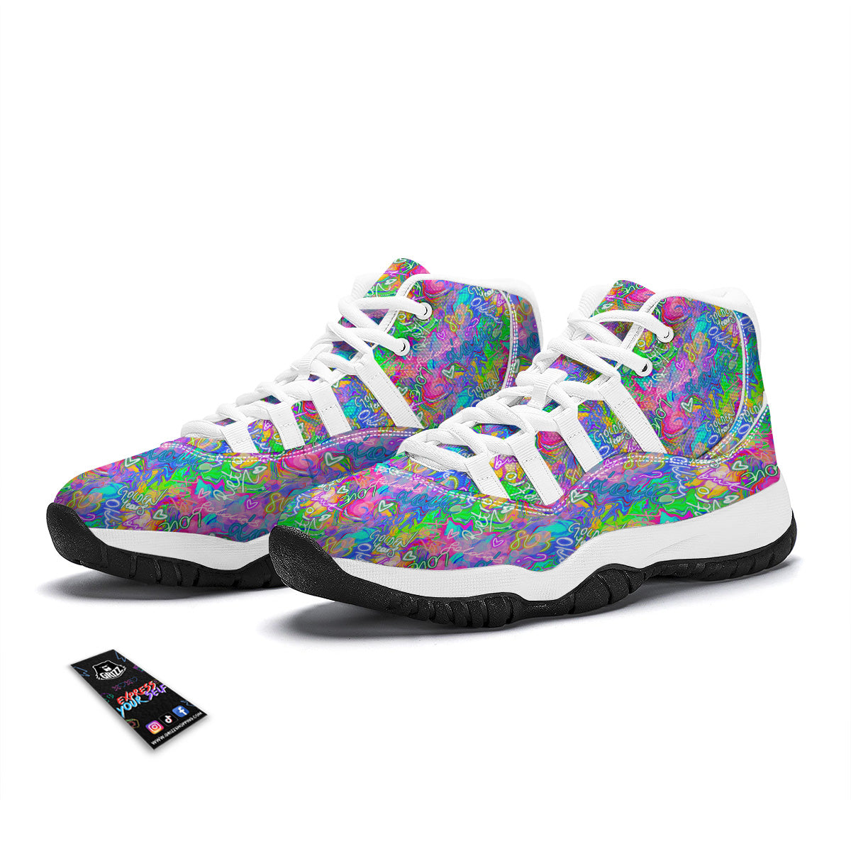 Abstract Graffiti Hand Drawing Neon Retro Print Pattern White Bball Shoes-grizzshop