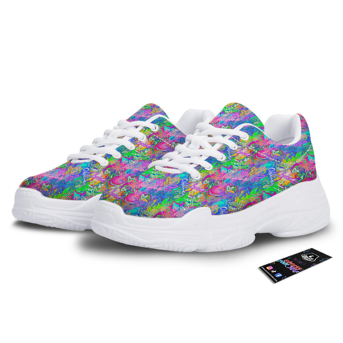 Abstract Graffiti Hand Drawing Neon Retro Print Pattern White Chunky Shoes-grizzshop