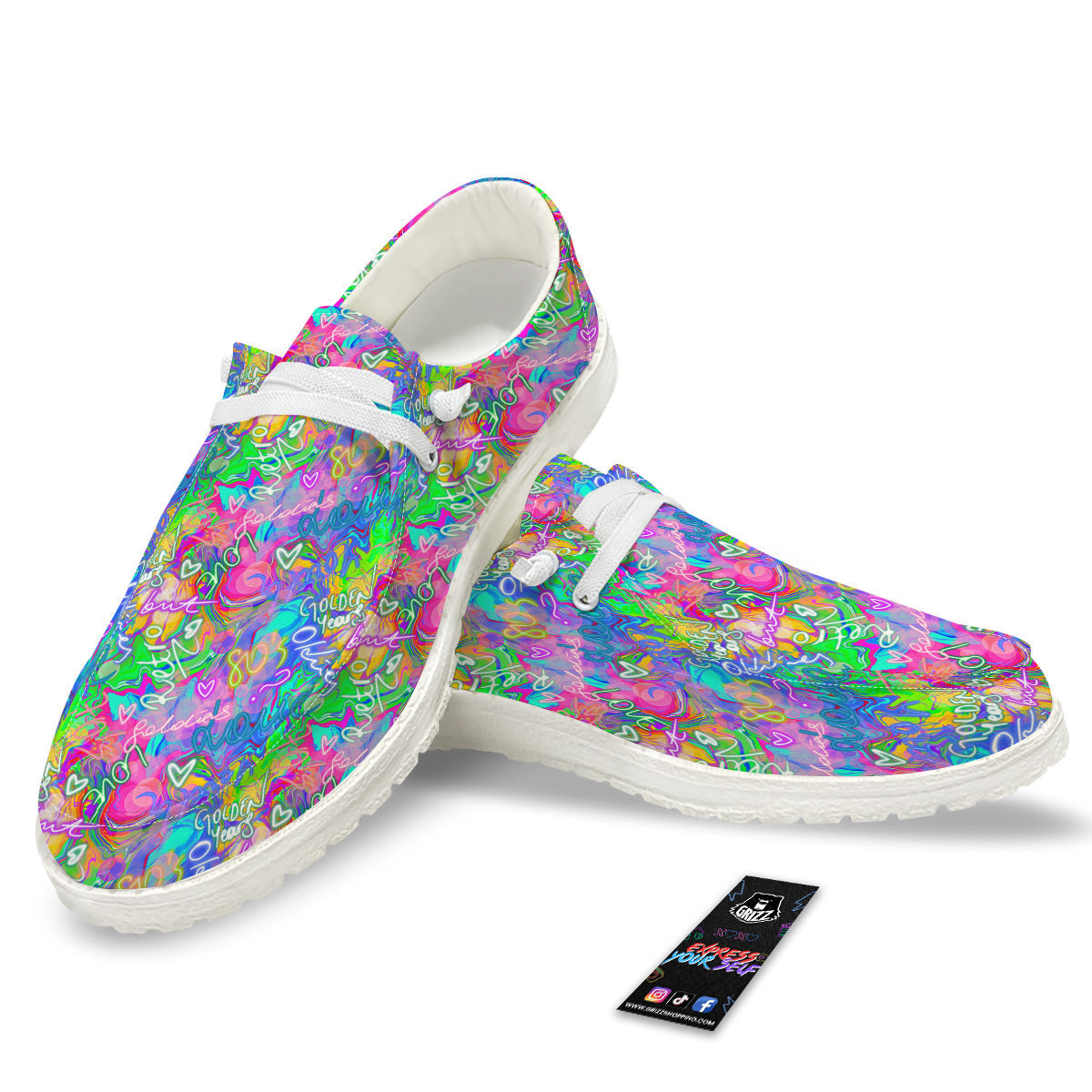 Abstract Graffiti Hand Drawing Neon Retro Print Pattern White Loafers-grizzshop