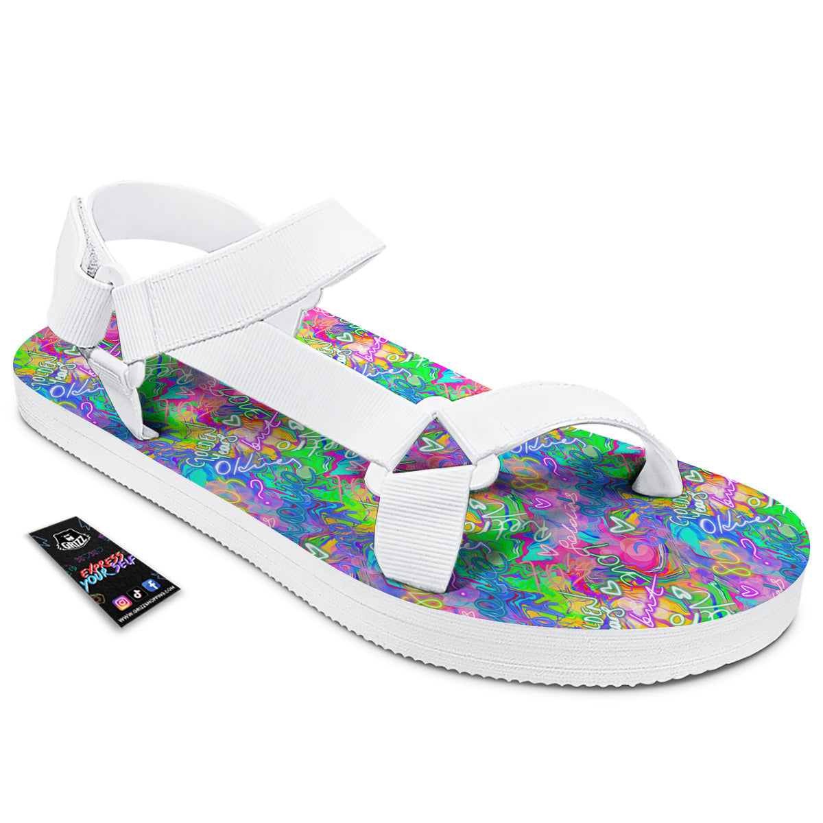 Abstract Graffiti Hand Drawing Neon Retro Print Pattern White Open Toe Sandals-grizzshop