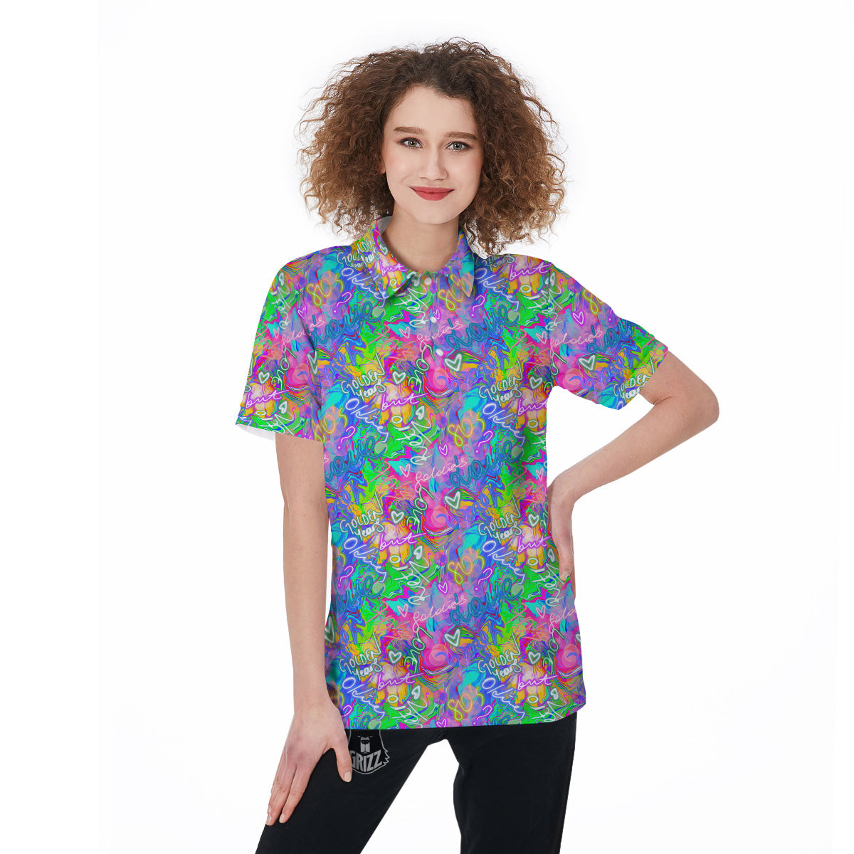 Abstract Graffiti Hand Drawing Neon Retro Print Pattern Women's Golf Shirts-grizzshop