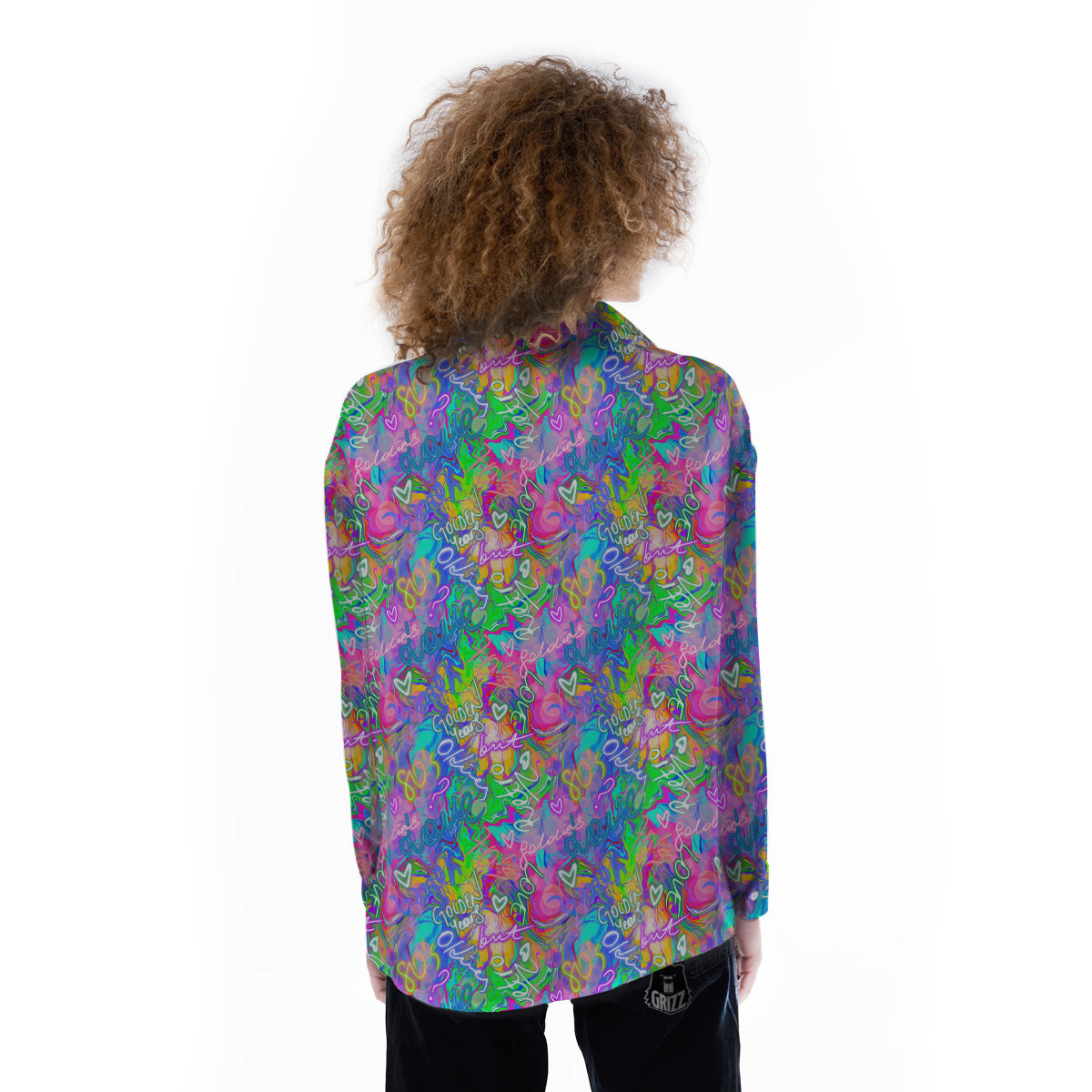 Abstract Graffiti Hand Drawing Neon Retro Print Pattern Women's Long Sleeve Shirts-grizzshop