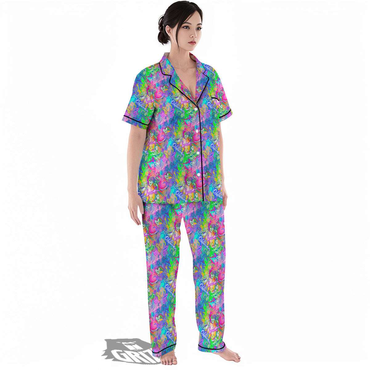 Abstract Graffiti Hand Drawing Neon Retro Print Pattern Women's Pajamas Set-grizzshop