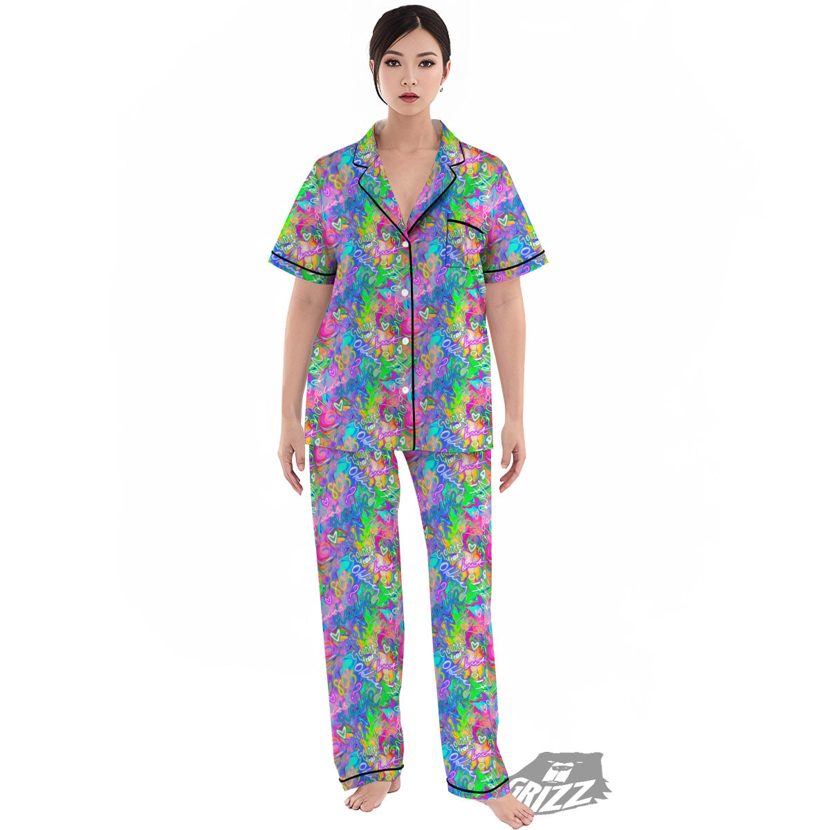 Abstract Graffiti Hand Drawing Neon Retro Print Pattern Women's Pajamas Set-grizzshop