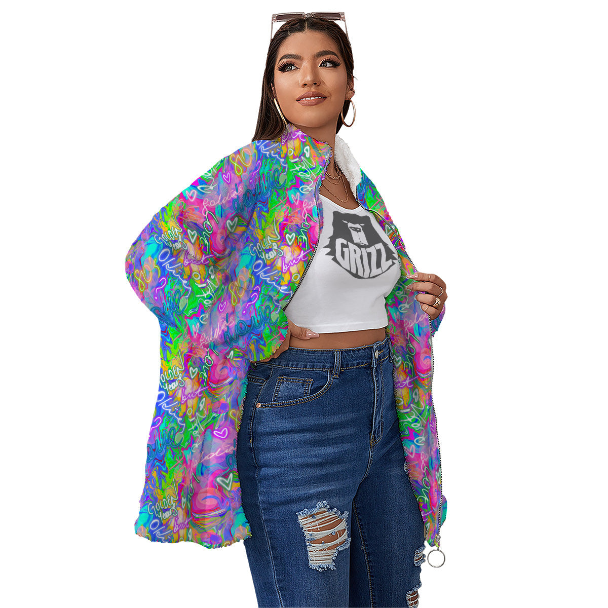 Abstract Graffiti Hand Drawing Neon Retro Print Pattern Women's Sherpa Jacket-grizzshop