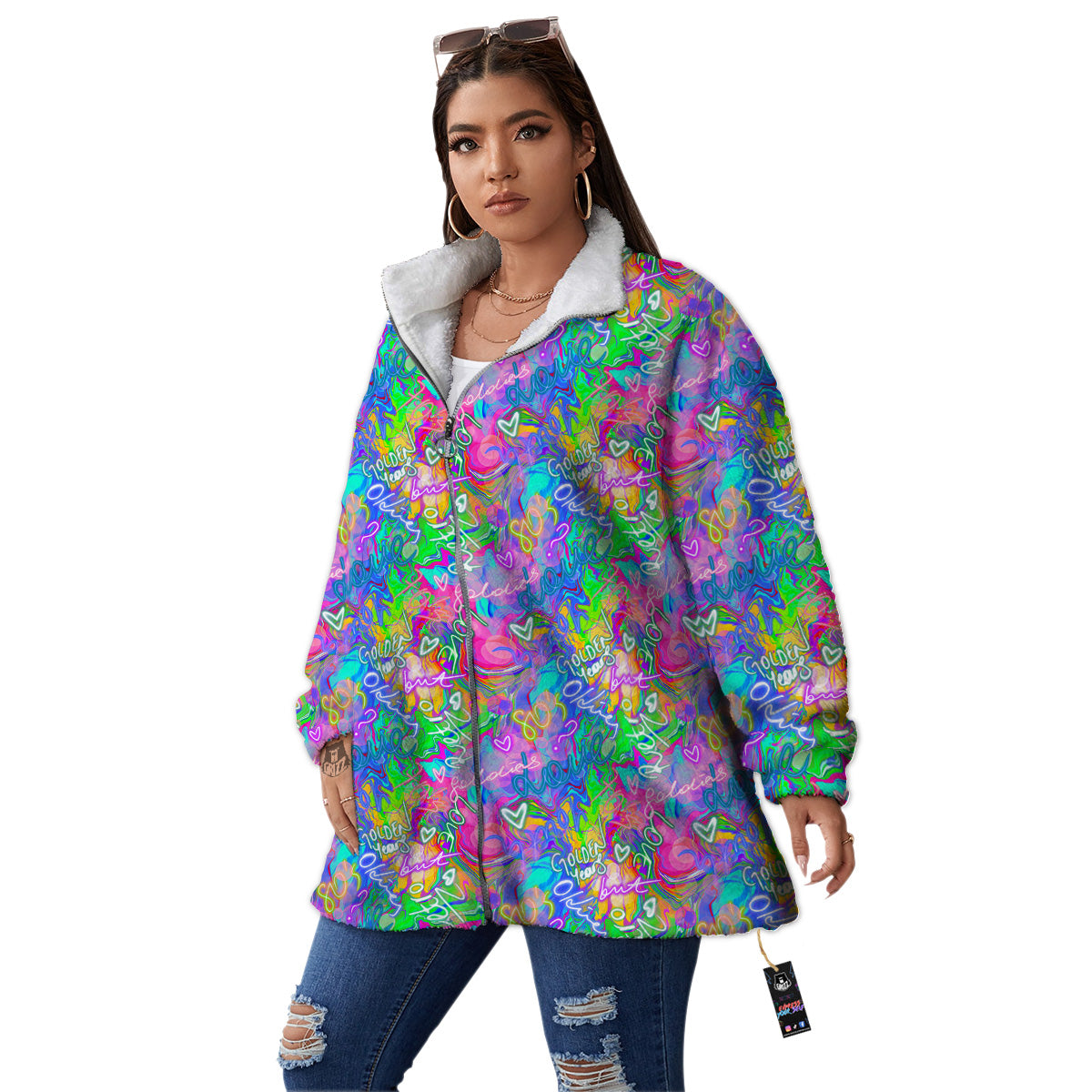 Abstract Graffiti Hand Drawing Neon Retro Print Pattern Women's Sherpa Jacket-grizzshop