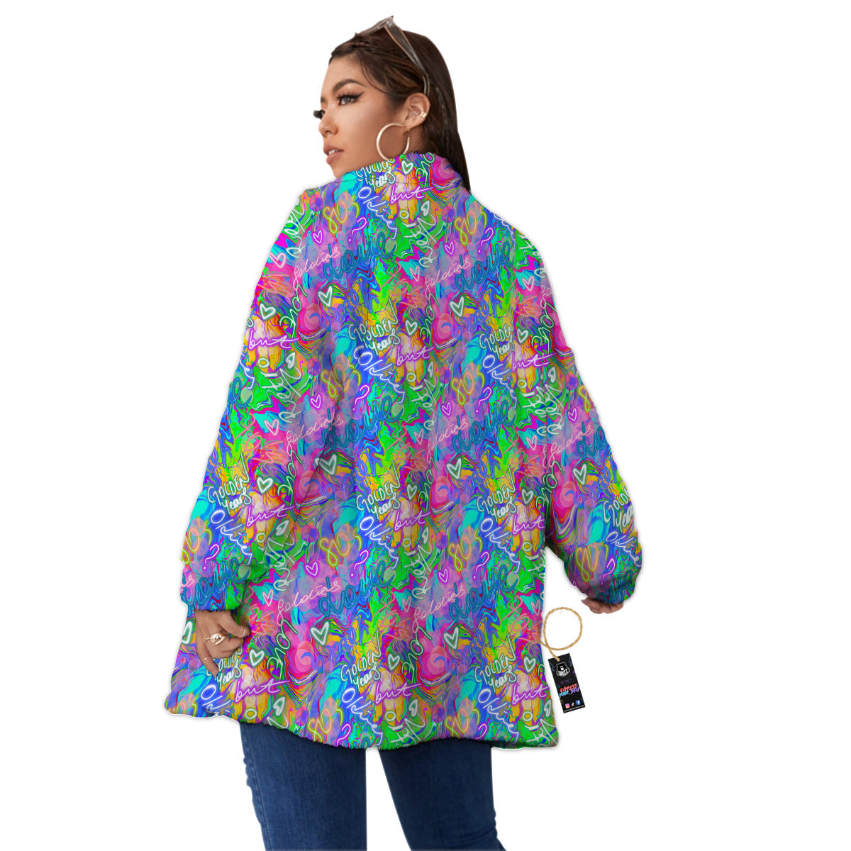 Abstract Graffiti Hand Drawing Neon Retro Print Pattern Women's Sherpa Jacket-grizzshop