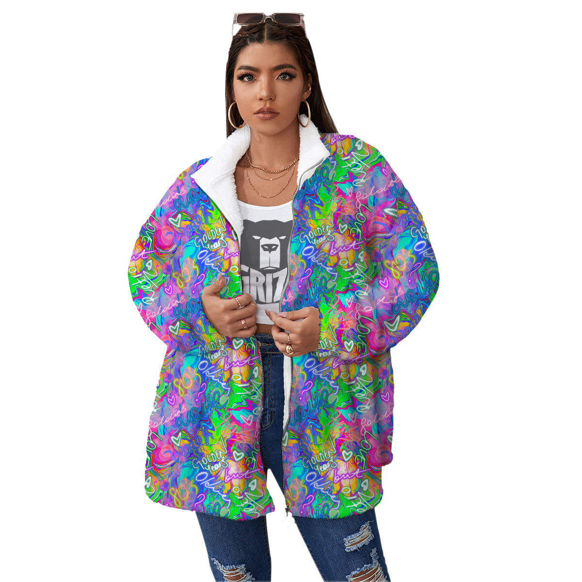 Abstract Graffiti Hand Drawing Neon Retro Print Pattern Women's Sherpa Jacket-grizzshop