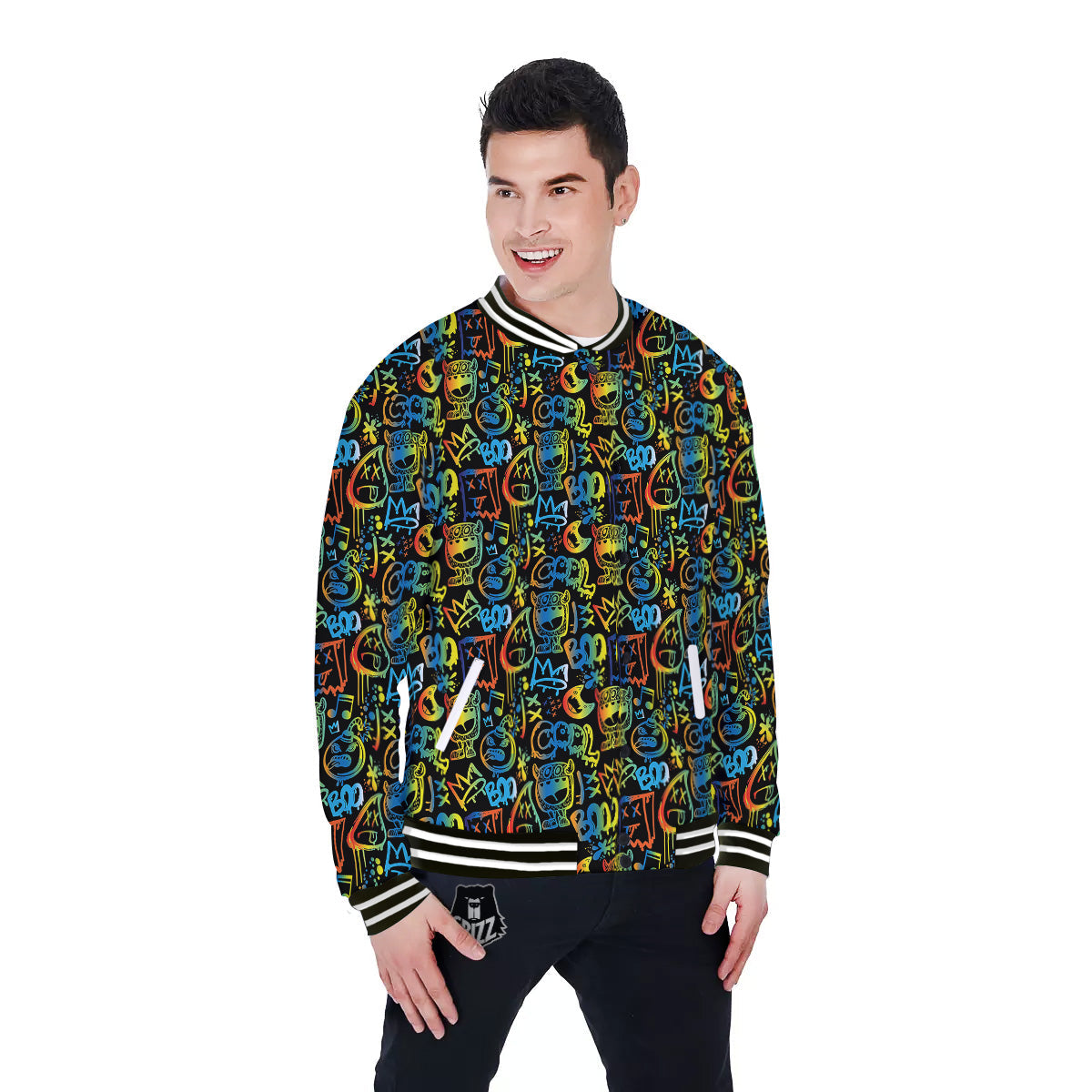 Abstract Graffiti Neon Monsters Print Pattern Baseball Jacket-grizzshop