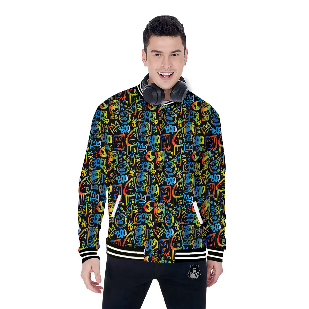 Abstract Graffiti Neon Monsters Print Pattern Baseball Jacket-grizzshop