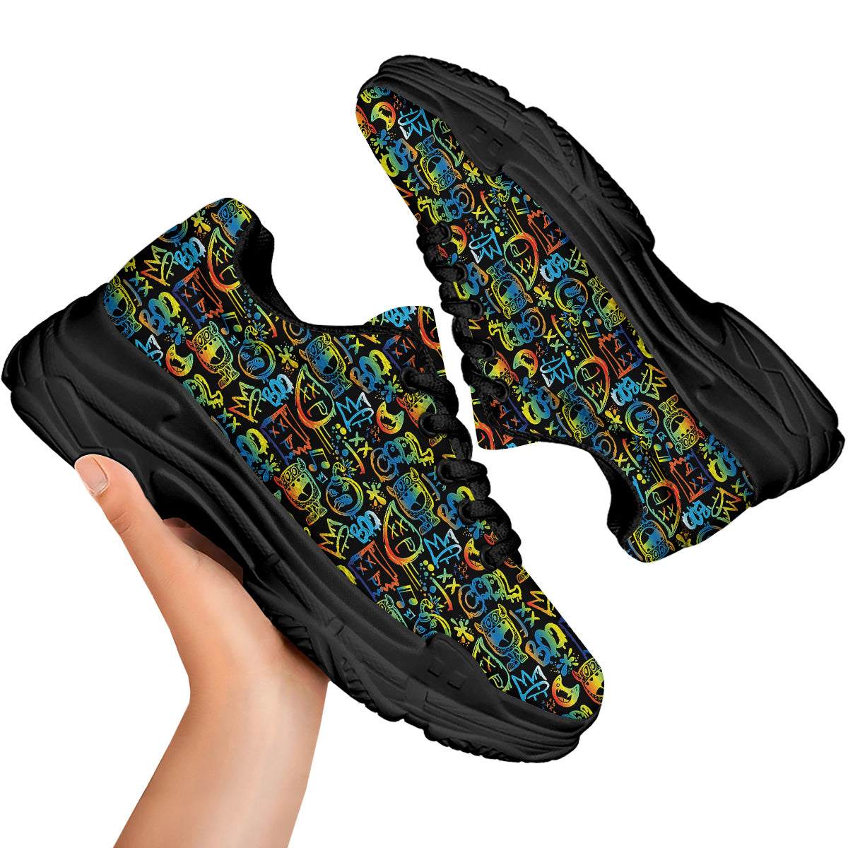 Abstract Graffiti Neon Monsters Print Pattern Black Chunky Shoes-grizzshop