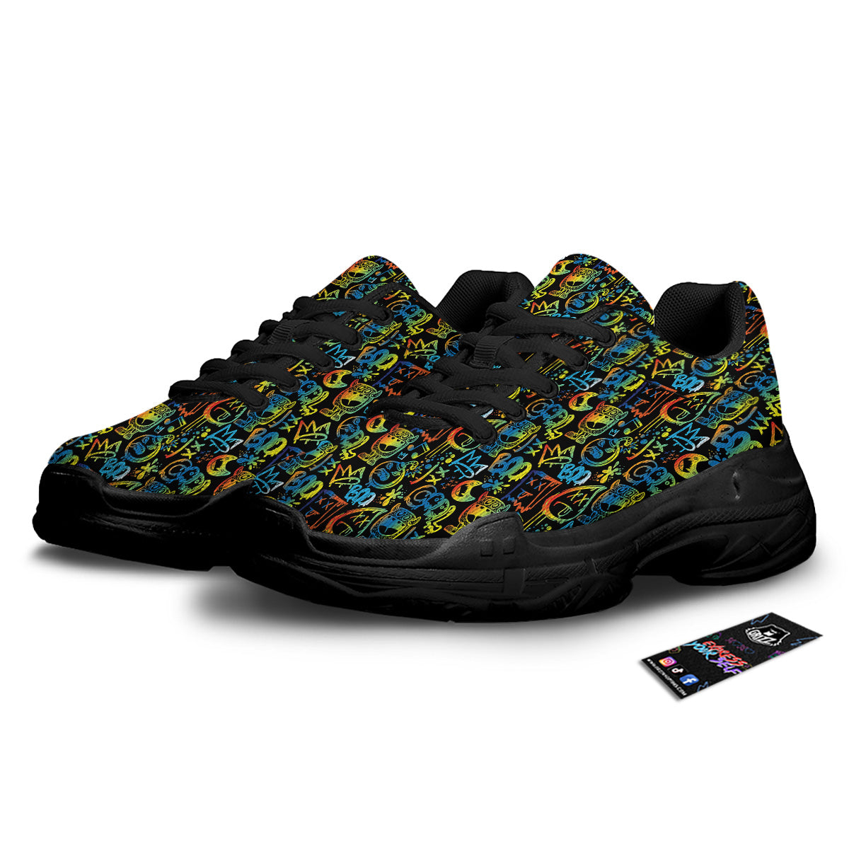 Abstract Graffiti Neon Monsters Print Pattern Black Chunky Shoes-grizzshop