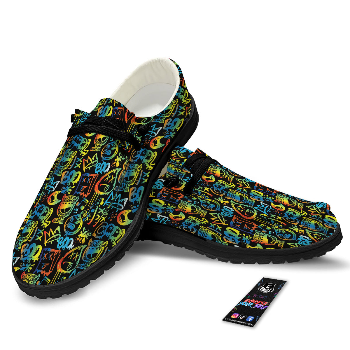 Abstract Graffiti Neon Monsters Print Pattern Black Loafers-grizzshop