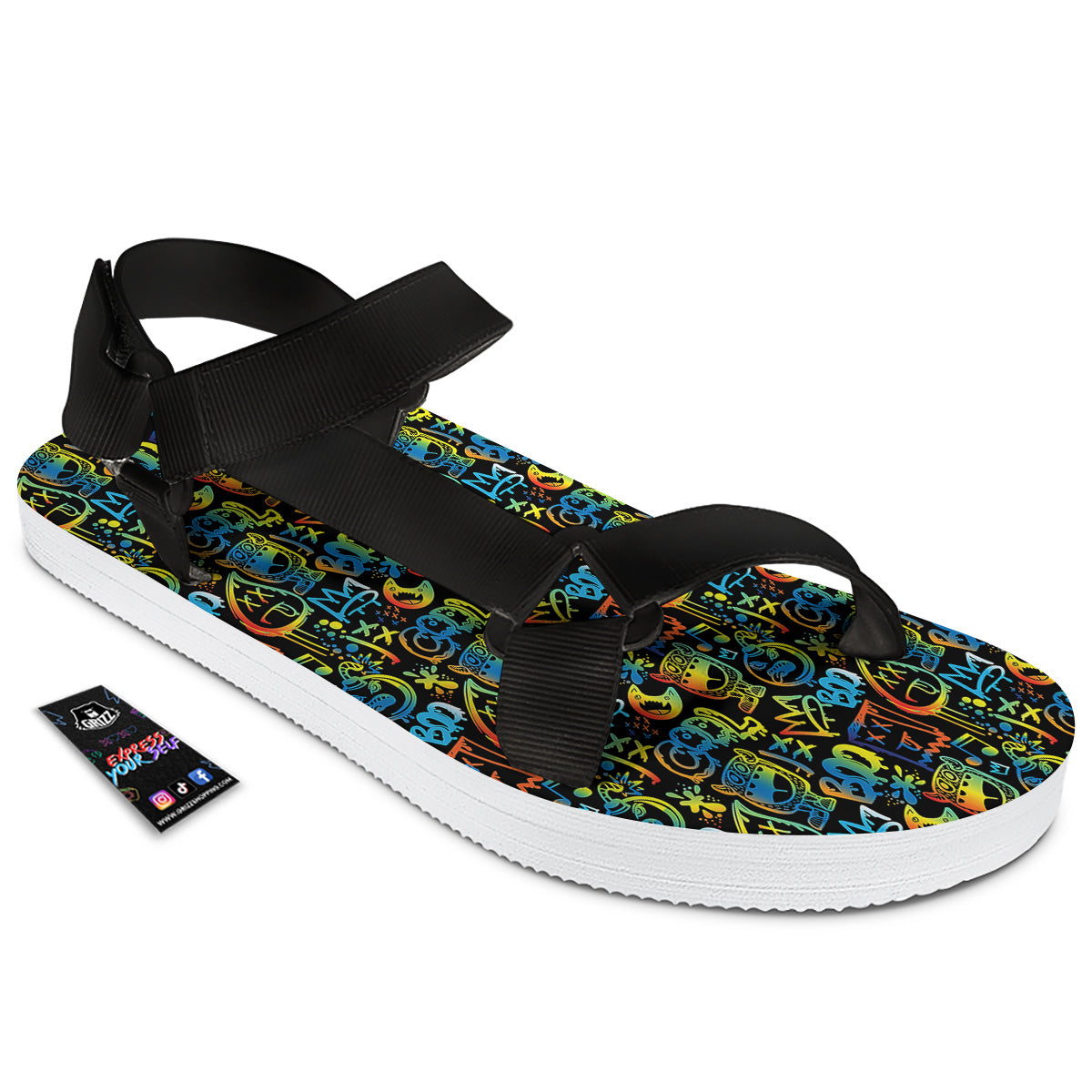 Abstract Graffiti Neon Monsters Print Pattern Black Open Toe Sandals-grizzshop