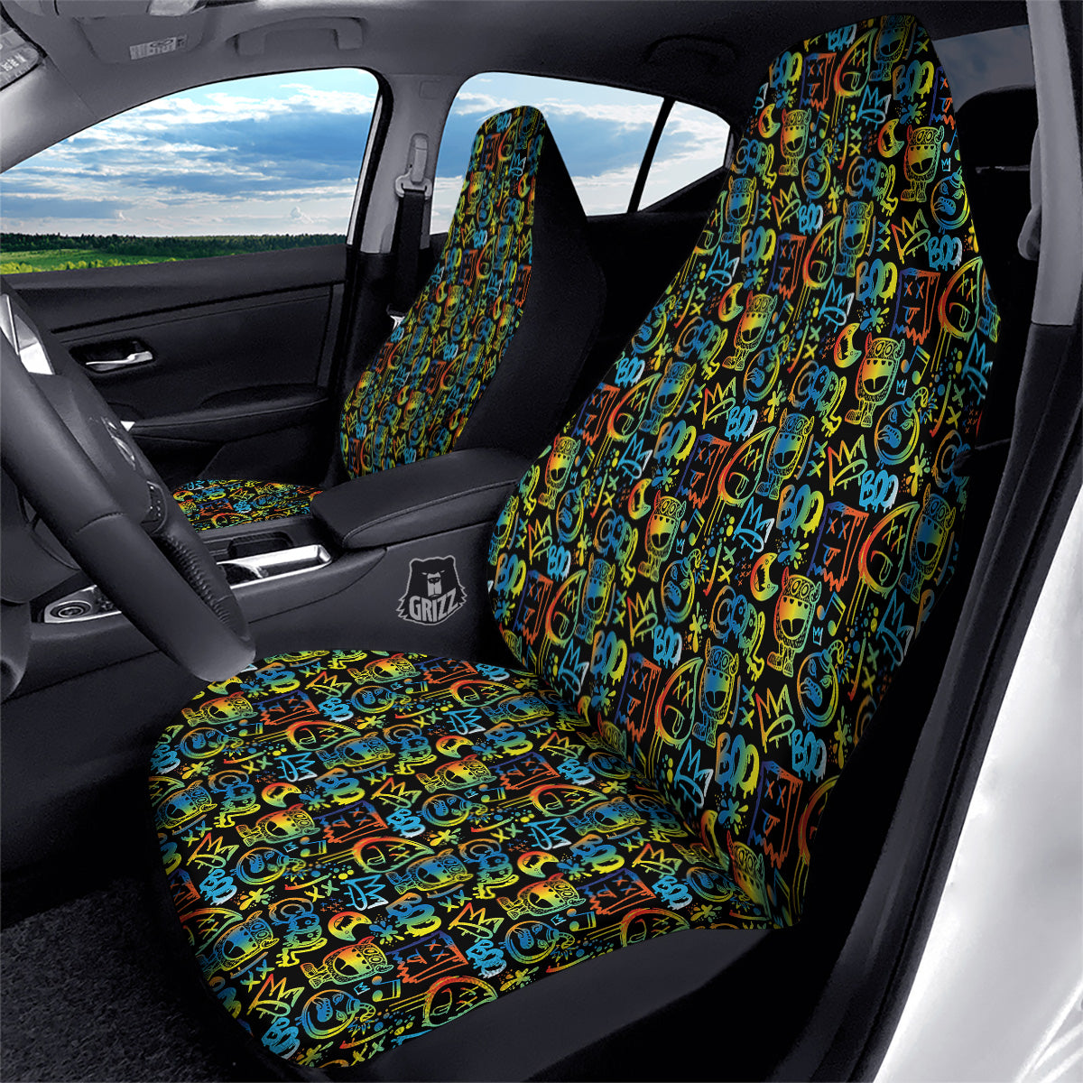 Abstract Graffiti Neon Monsters Print Pattern Car Seat Covers-grizzshop