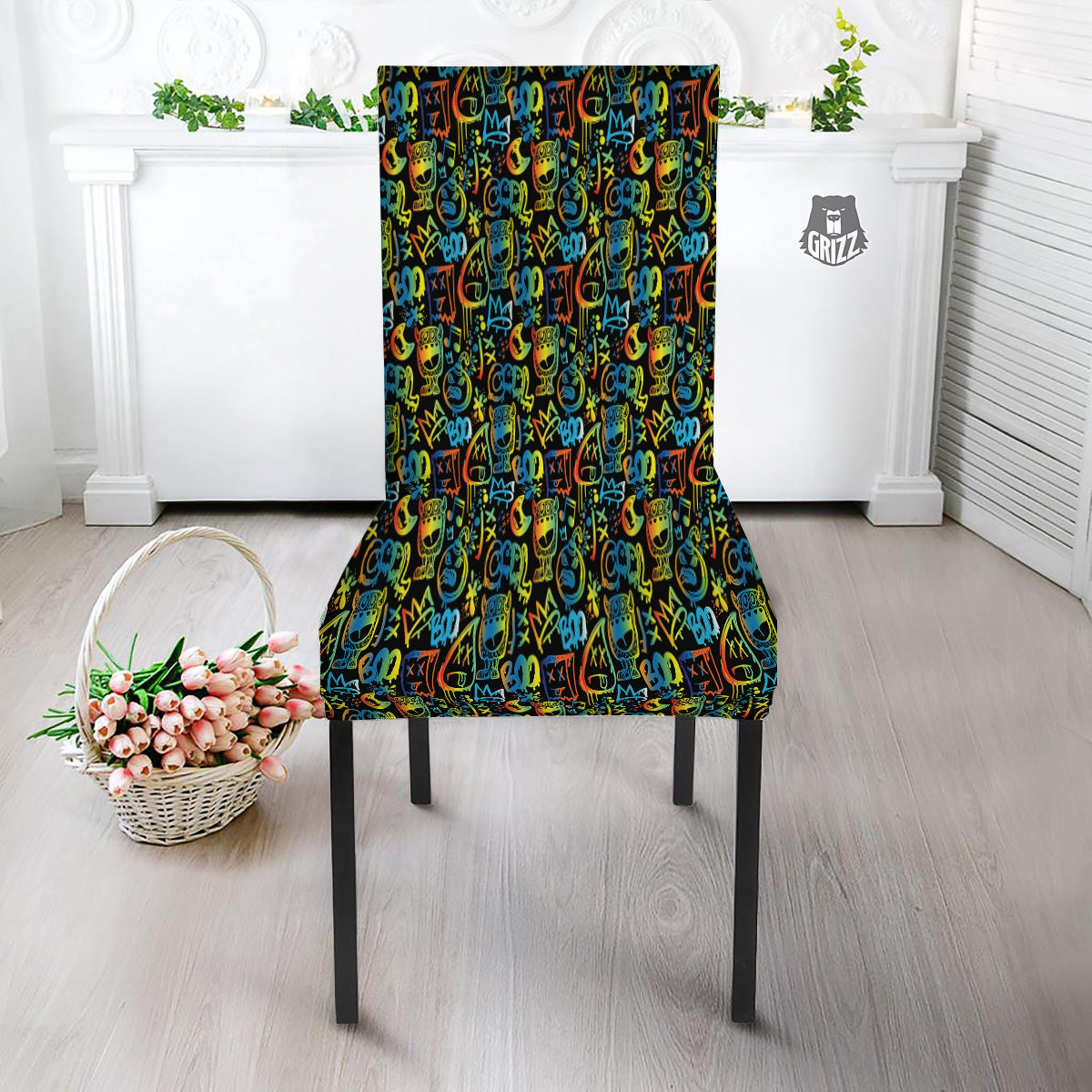 Abstract Graffiti Neon Monsters Print Pattern Dining Chair Slipcover-grizzshop