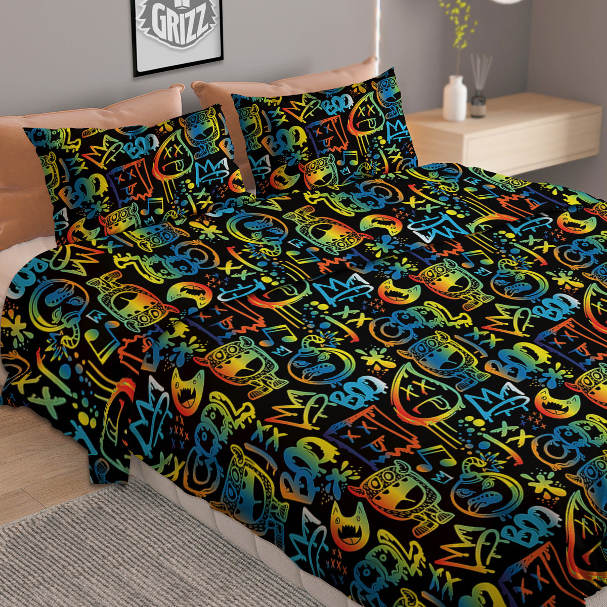 Abstract Graffiti Neon Monsters Print Pattern Duvet Cover Bedding Set