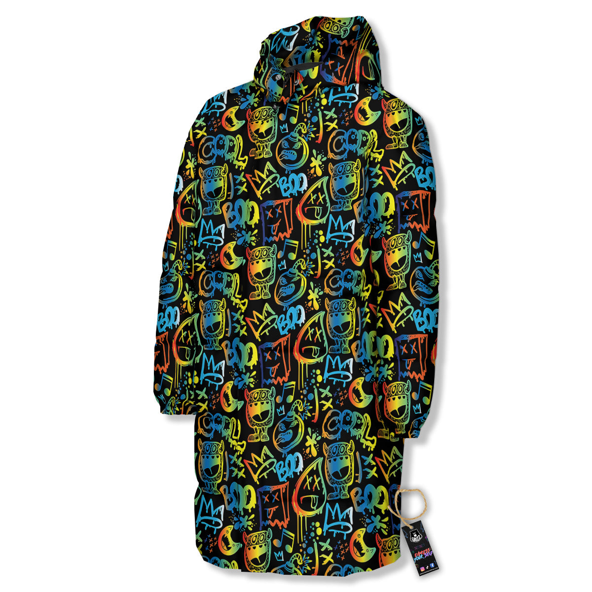 Abstract Graffiti Neon Monsters Print Pattern Long Down Jacket-grizzshop