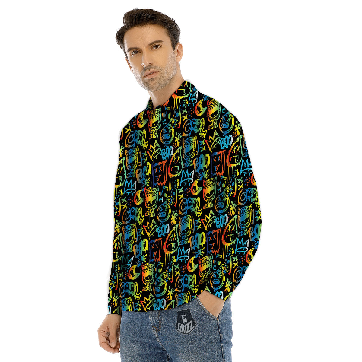 Abstract Graffiti Neon Monsters Print Pattern Men's Dress Shirts-grizzshop