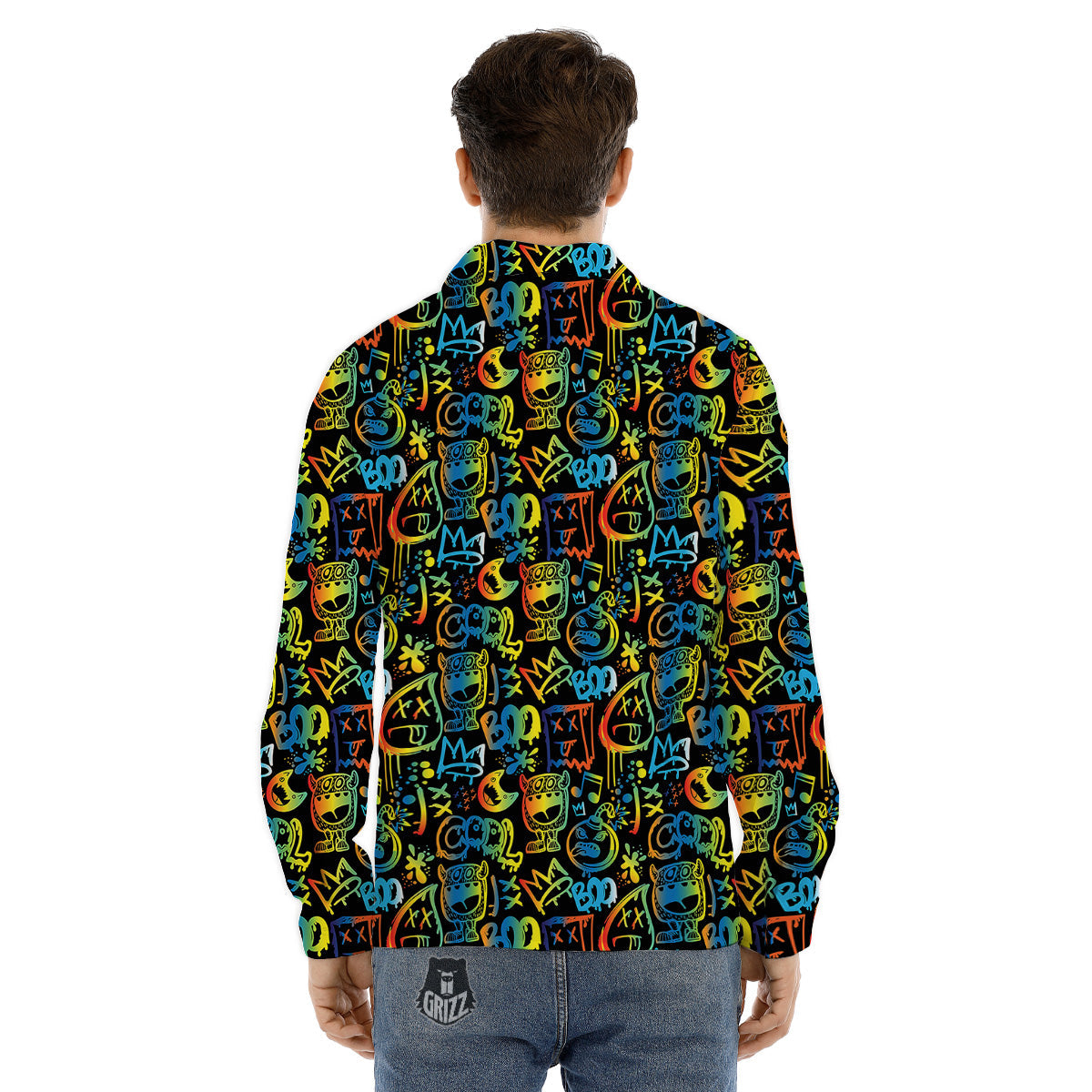 Abstract Graffiti Neon Monsters Print Pattern Men's Dress Shirts-grizzshop