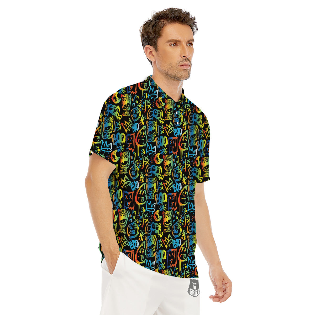 Abstract Graffiti Neon Monsters Print Pattern Men's Golf Shirts-grizzshop