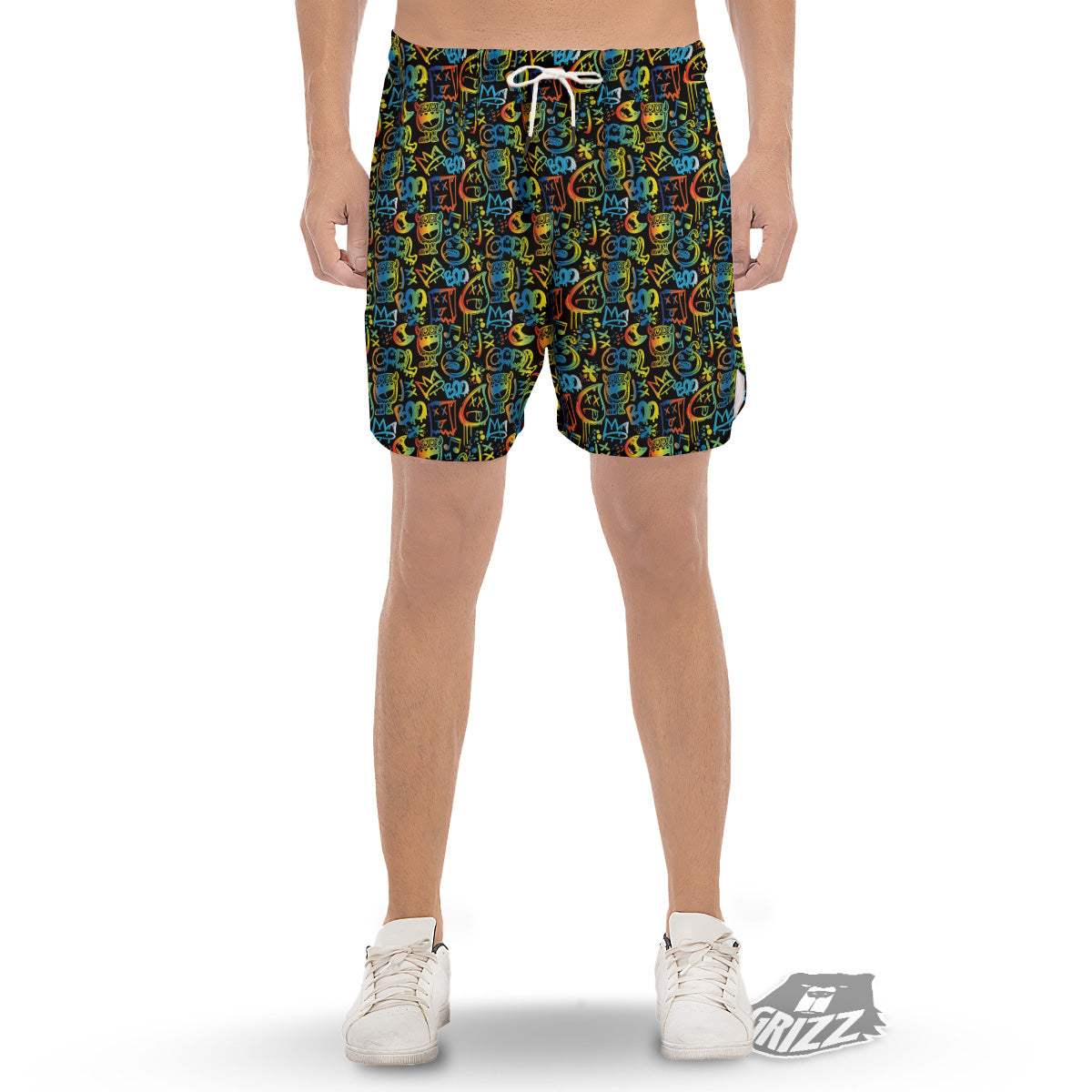 Abstract Graffiti Neon Monsters Print Pattern Men's Gym Shorts-grizzshop