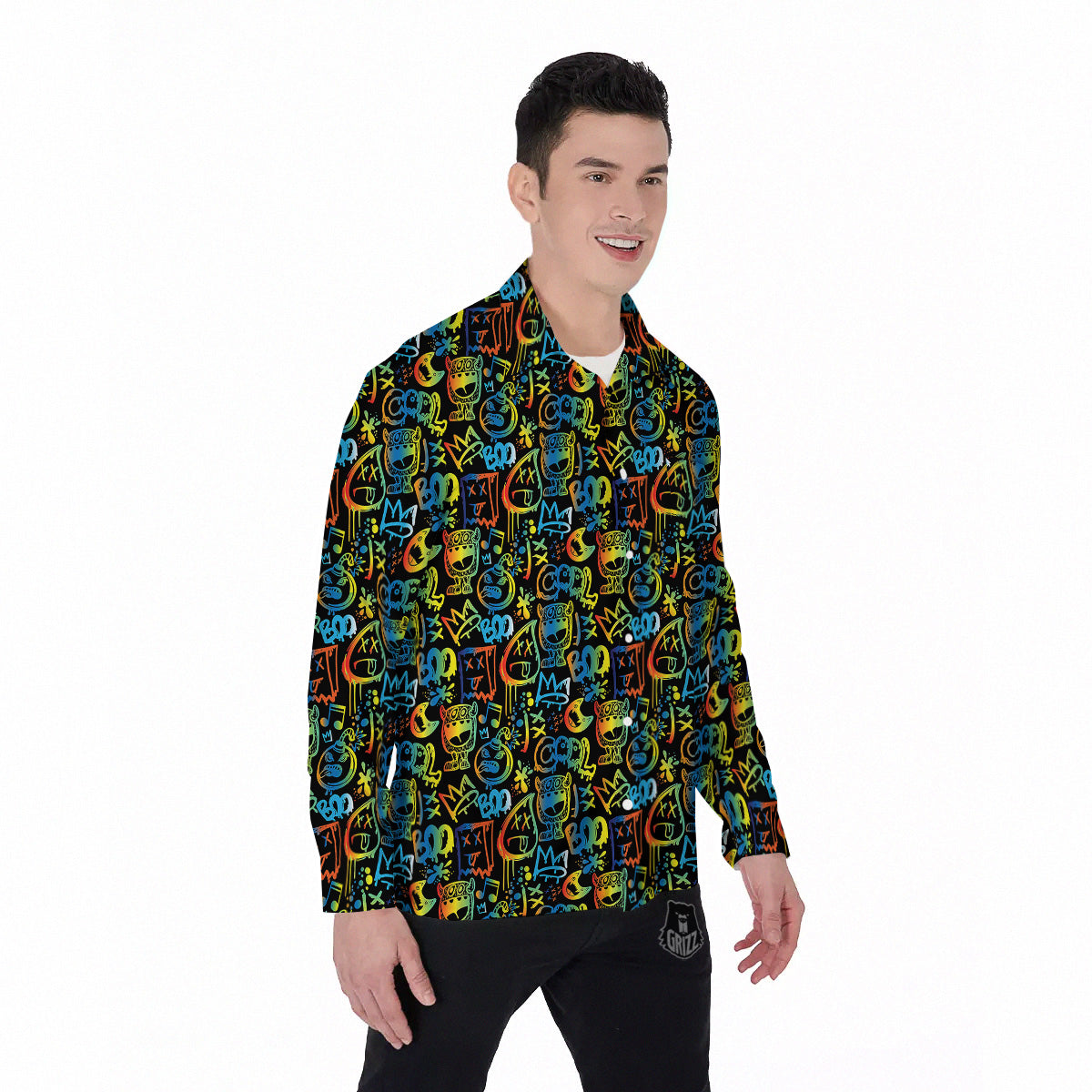 Abstract Graffiti Neon Monsters Print Pattern Men's Long Sleeve Shirts-grizzshop