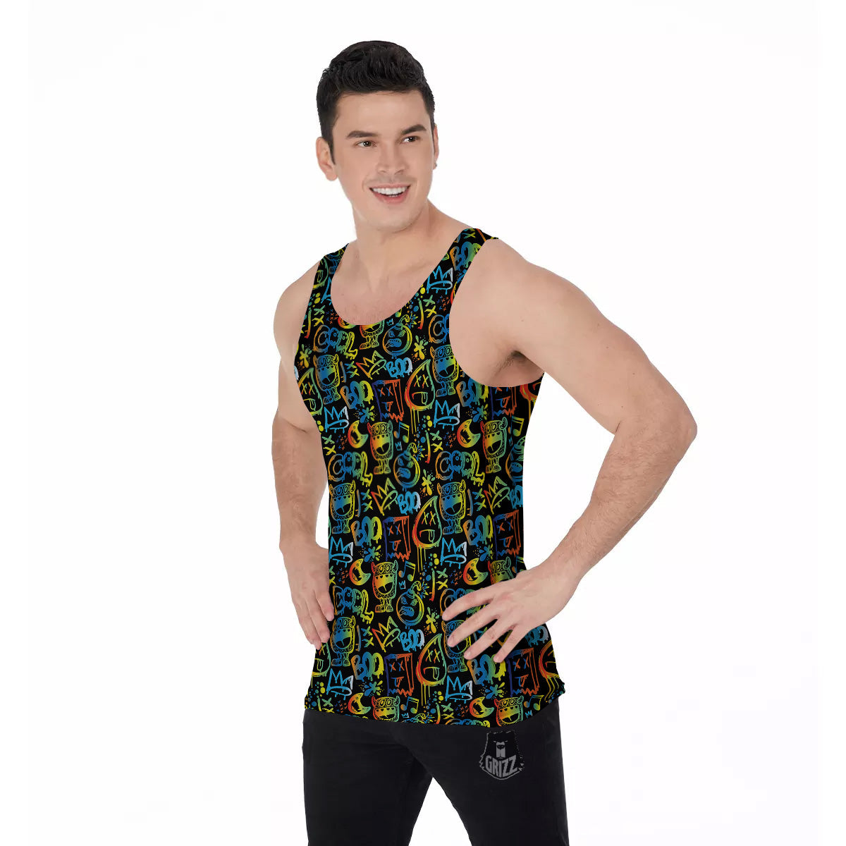 Abstract Graffiti Neon Monsters Print Pattern Men's Tank Top-grizzshop