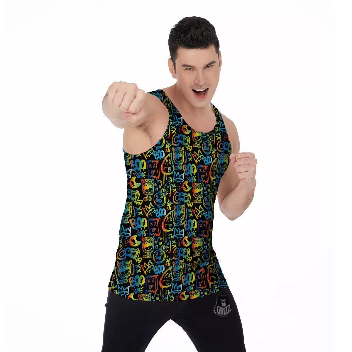 Abstract Graffiti Neon Monsters Print Pattern Men's Tank Top-grizzshop