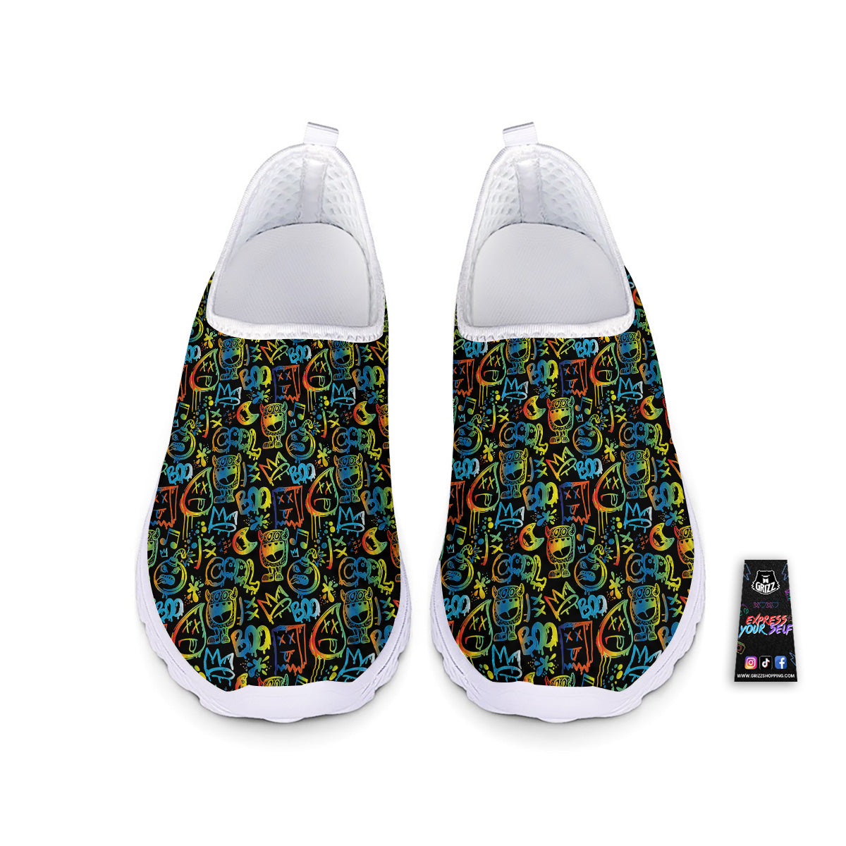 Abstract Graffiti Neon Monsters Print Pattern Nurse Shoes-grizzshop