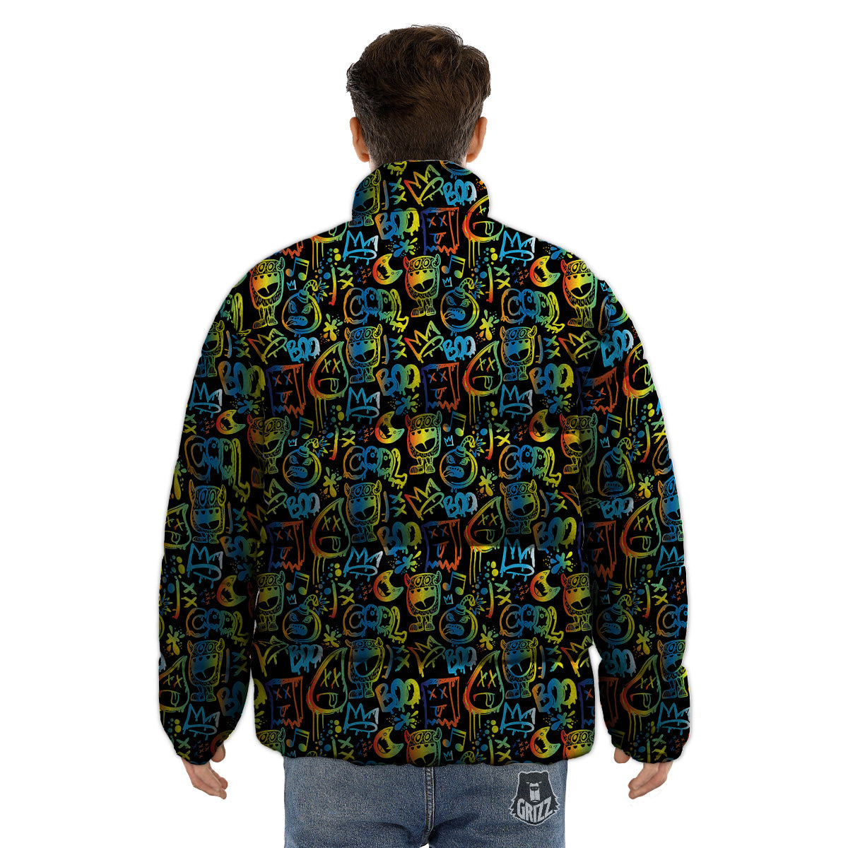 Abstract Graffiti Neon Monsters Print Pattern Puffer Jacket-grizzshop