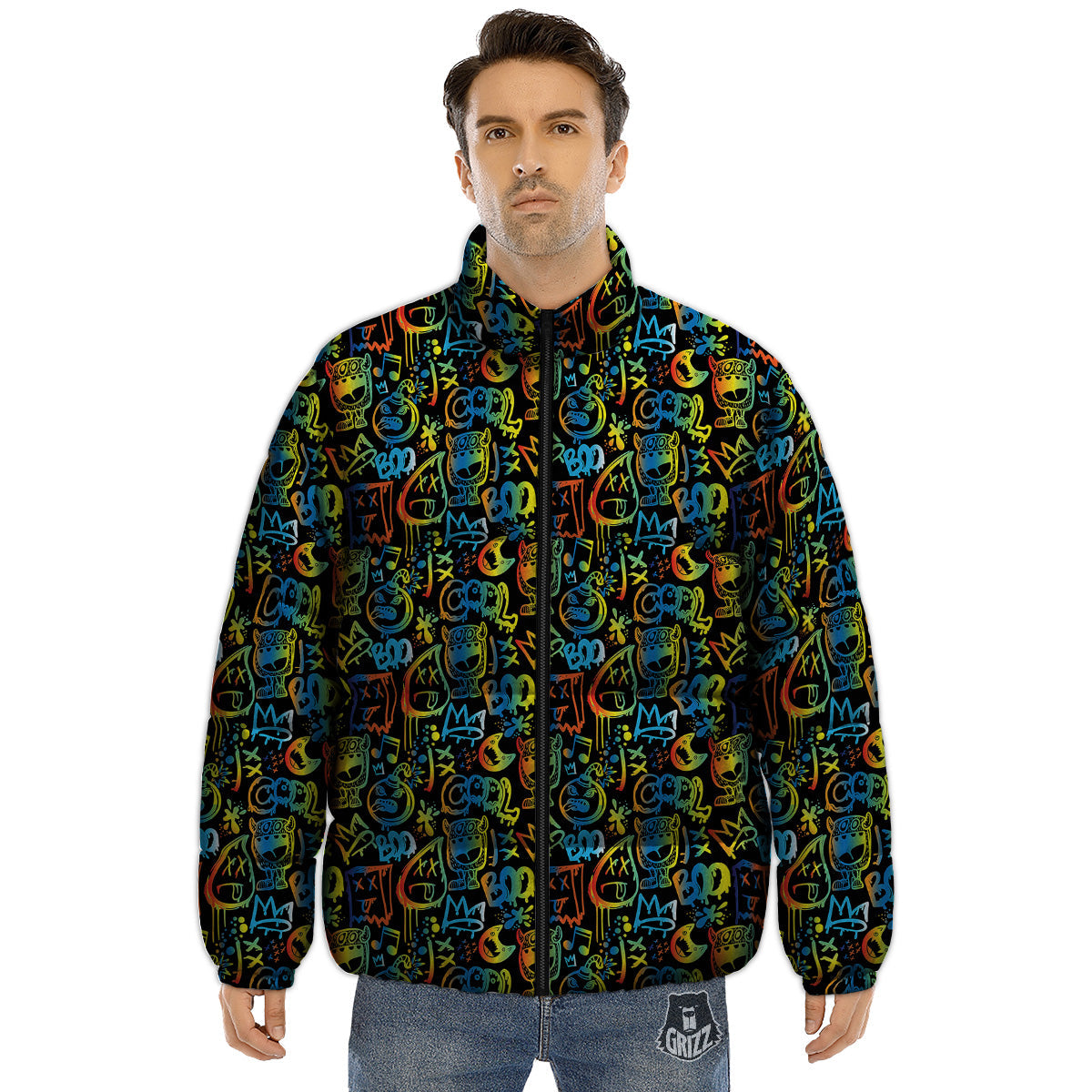 Abstract Graffiti Neon Monsters Print Pattern Puffer Jacket-grizzshop