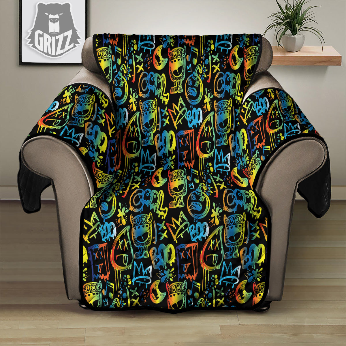 Abstract Graffiti Neon Monsters Print Pattern Recliner Protector-grizzshop