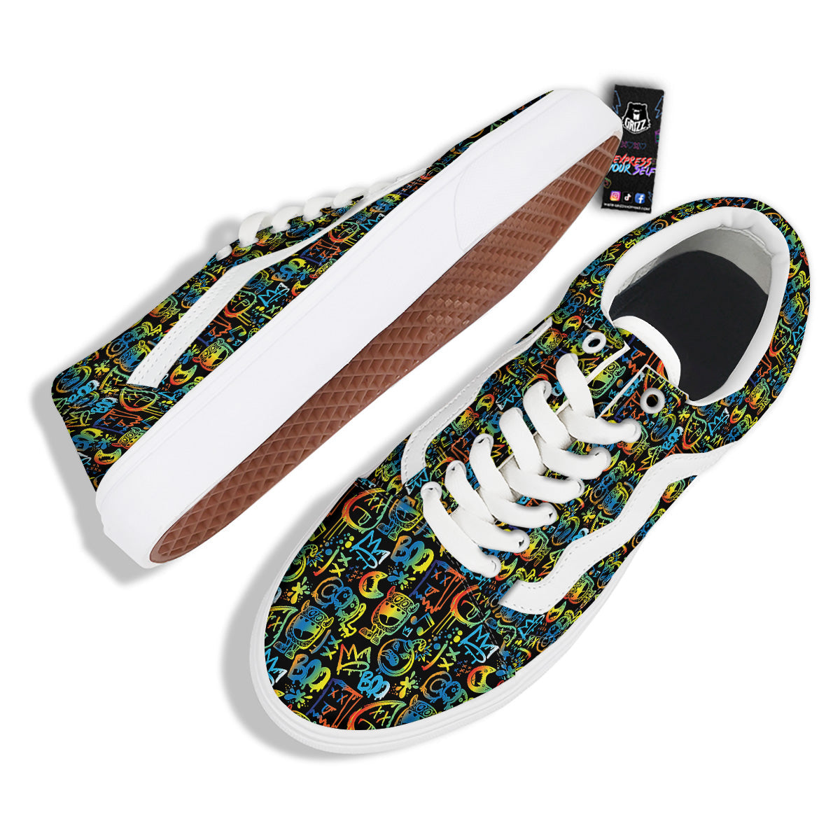 Abstract Graffiti Neon Monsters Print Pattern Skate Shoes-grizzshop