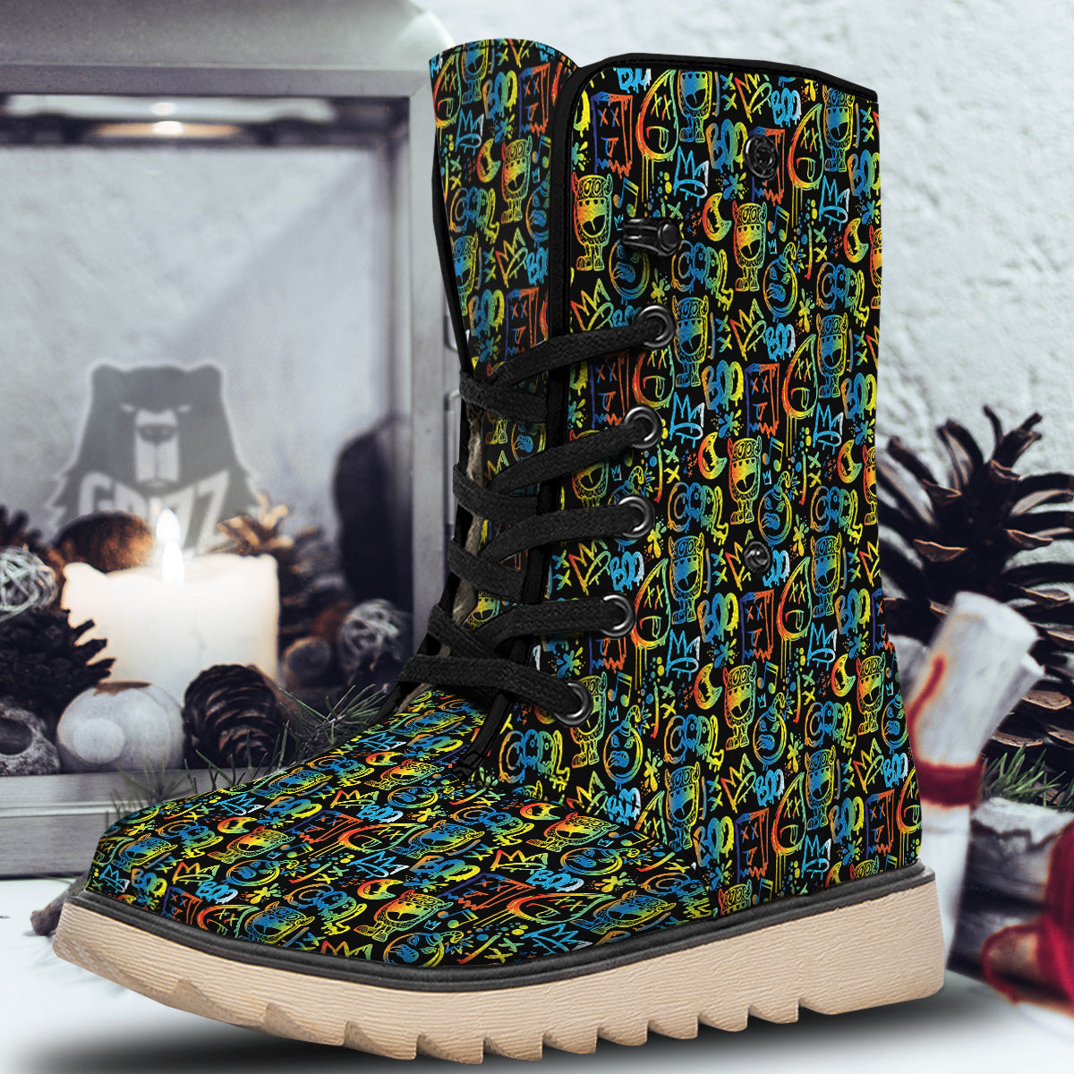 Abstract Graffiti Neon Monsters Print Pattern Snow Boots-grizzshop