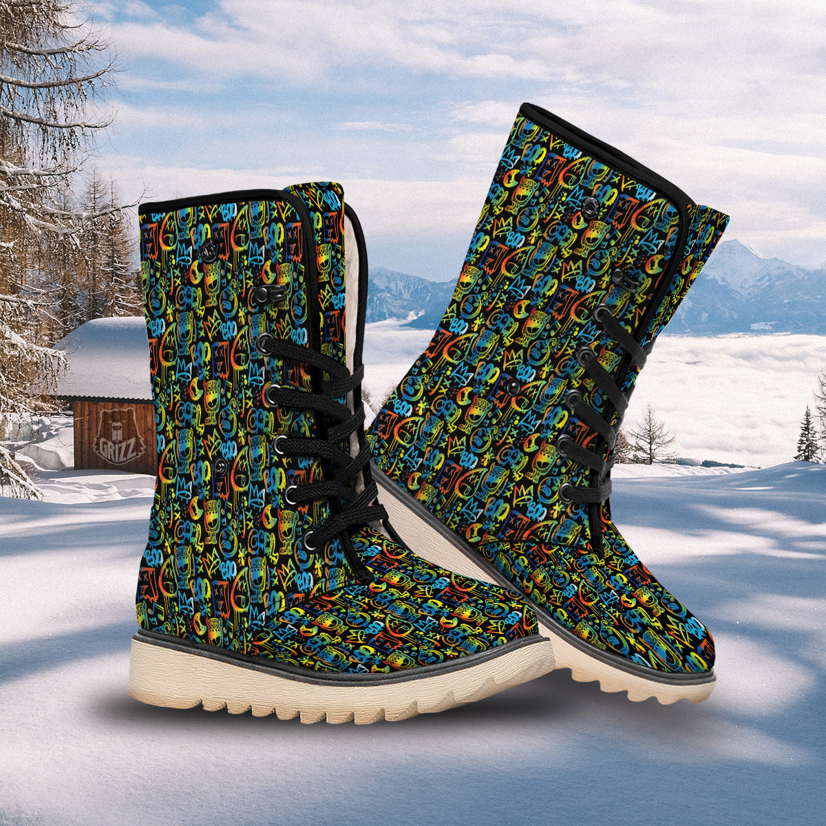 Abstract Graffiti Neon Monsters Print Pattern Snow Boots-grizzshop