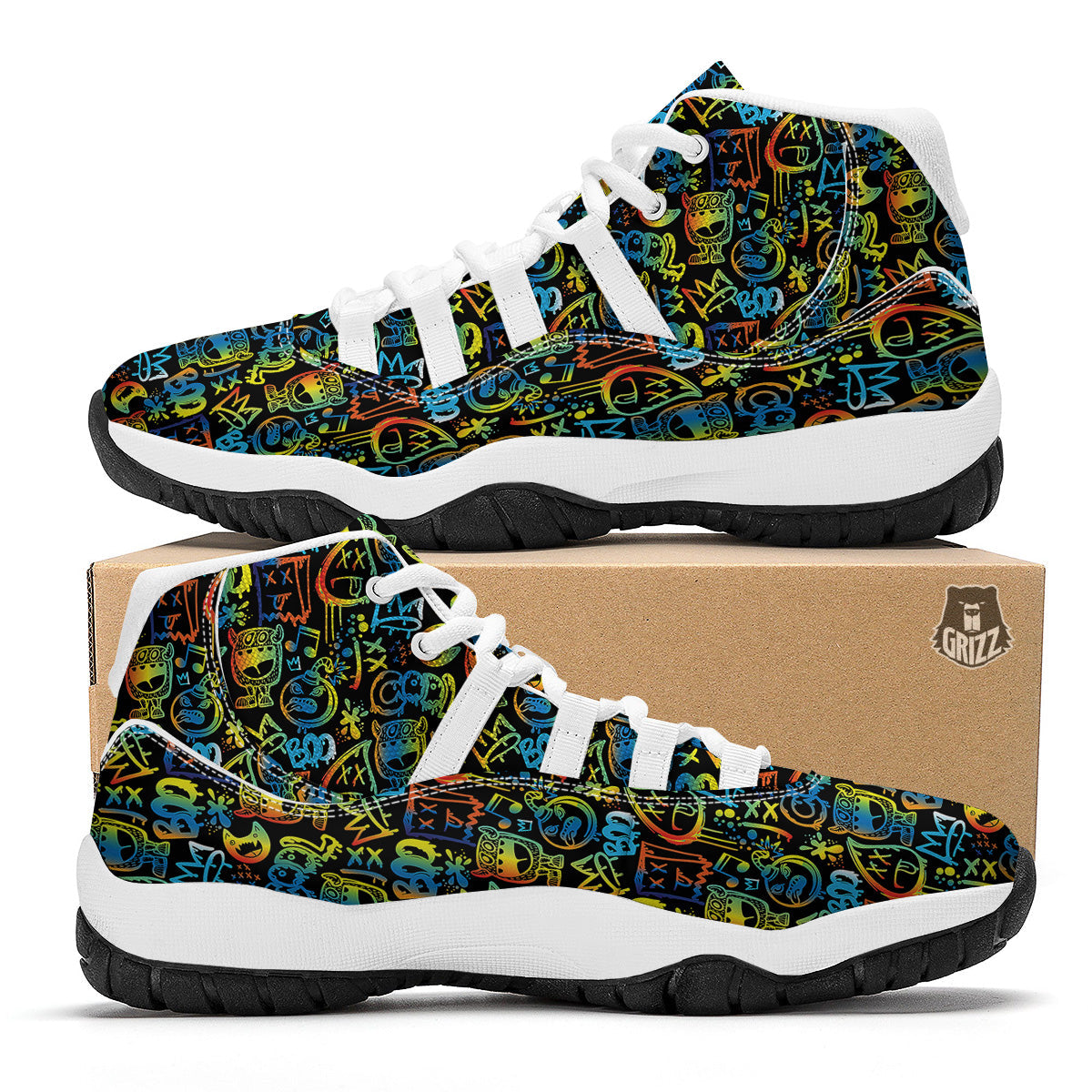 Abstract Graffiti Neon Monsters Print Pattern White Bball Shoes-grizzshop