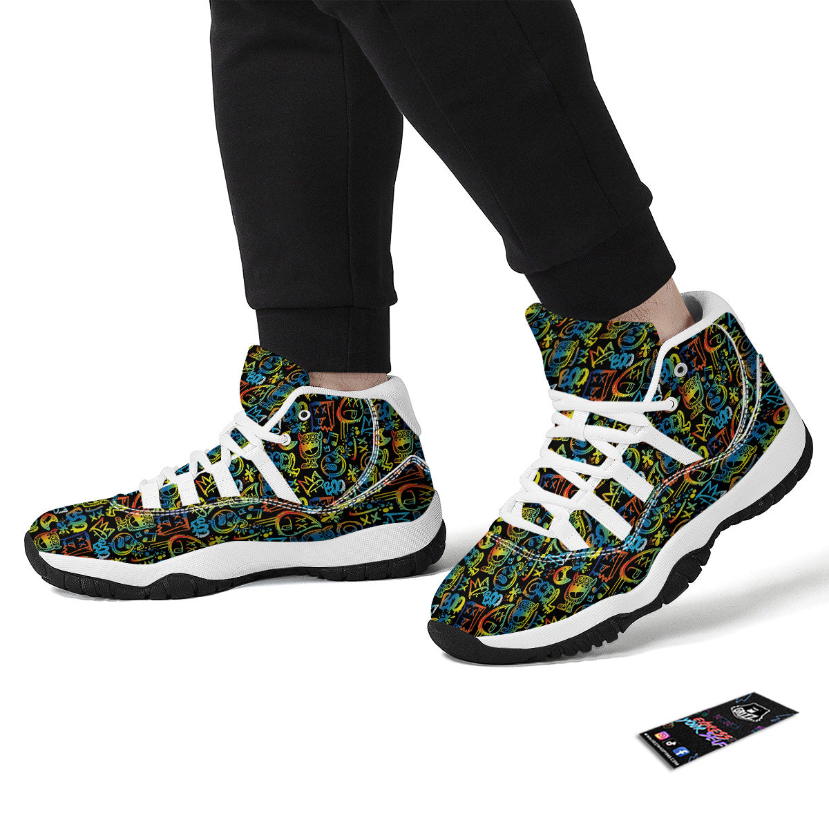 Abstract Graffiti Neon Monsters Print Pattern White Bball Shoes-grizzshop