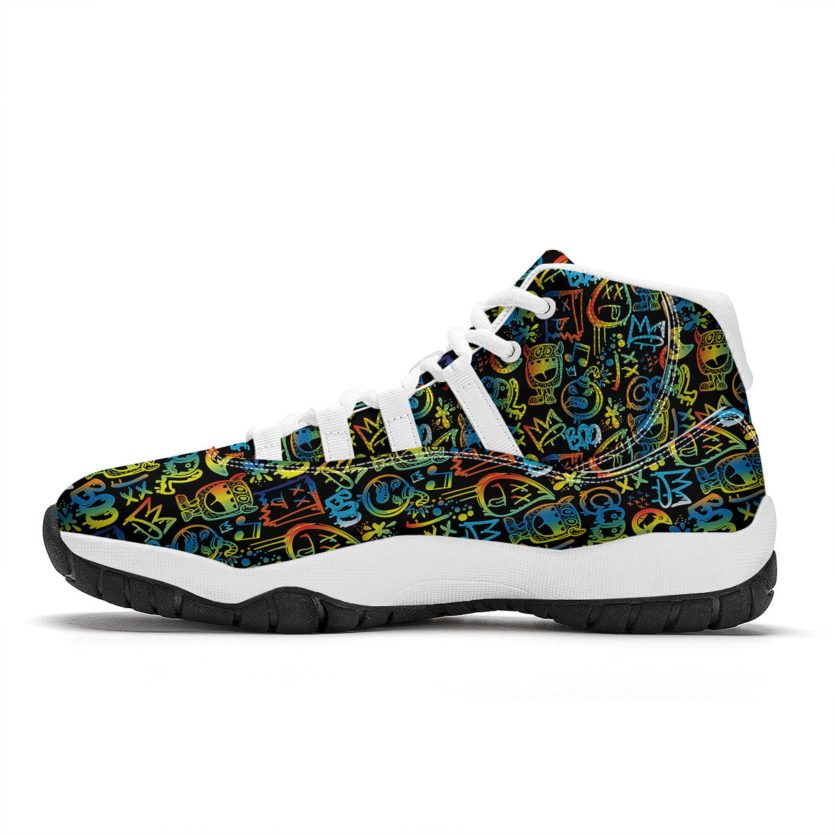 Abstract Graffiti Neon Monsters Print Pattern White Bball Shoes-grizzshop